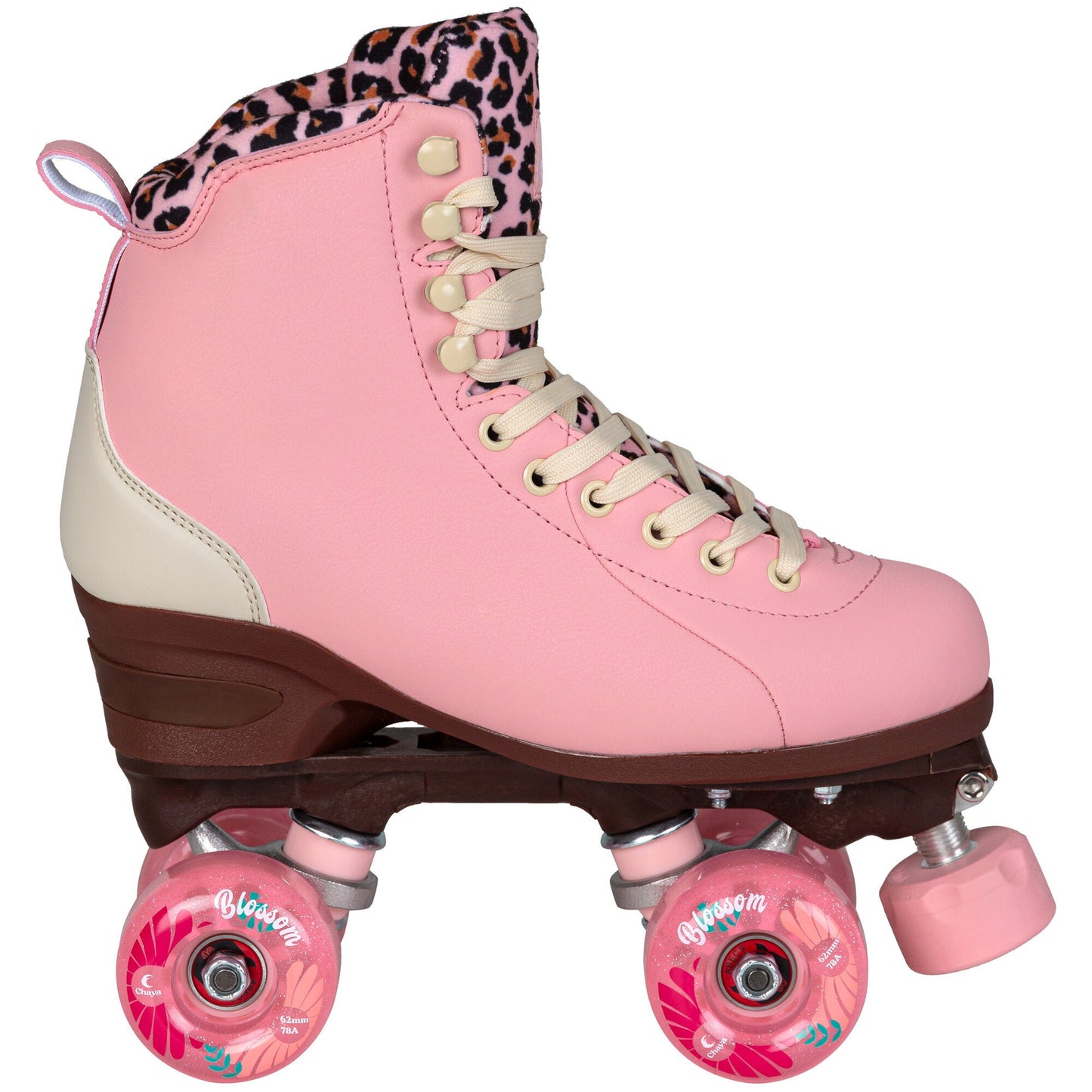 The dynamic profile of a Chaya Miyu Pink Leopard quad skate, displaying its energetic lines and perfectly matched components.