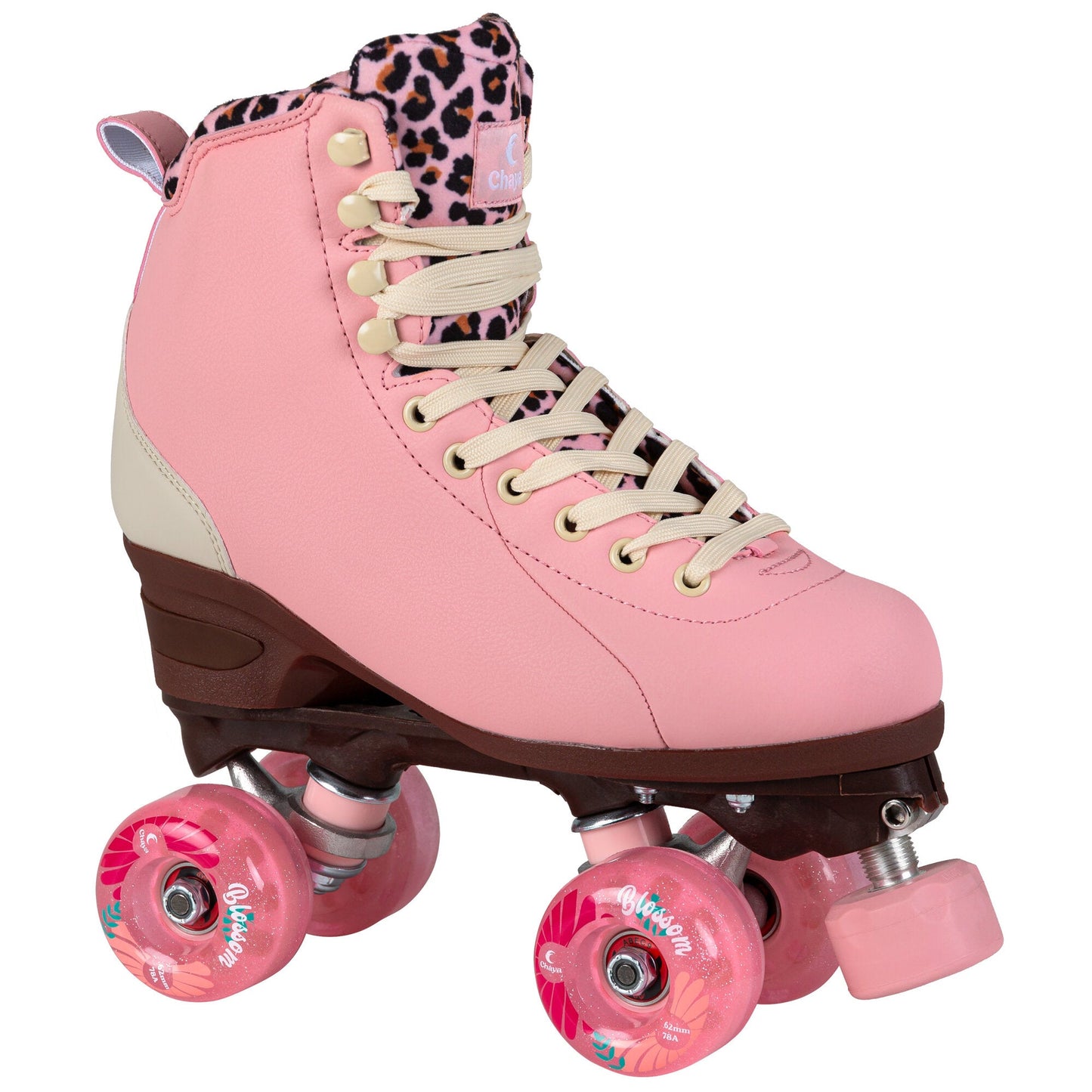 A singular Chaya Miyu Pink Leopard quad skate, showcasing its bold, wild print and sleek design.