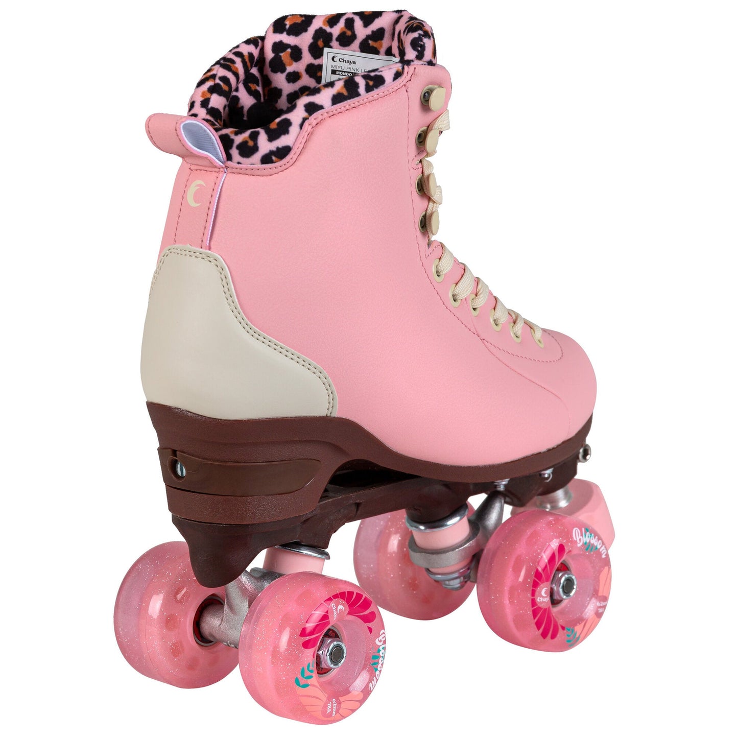 From the rear, the Chaya Miyu Pink Leopard skates present their classic silhouette, dominated by the striking leopard print.