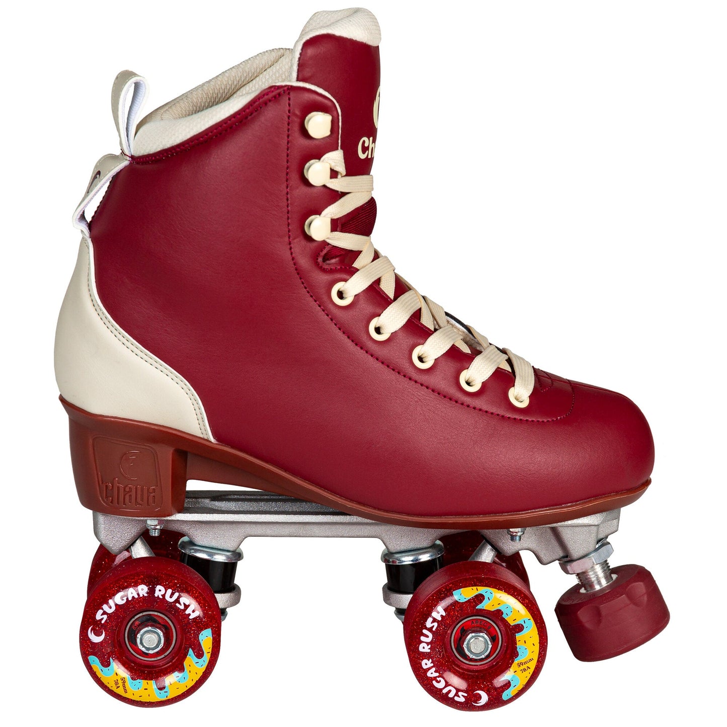 Side profile of a Chaya Cozy Wine quad skate, displaying the full skate with its wheels, plate, and plush ankle padding.