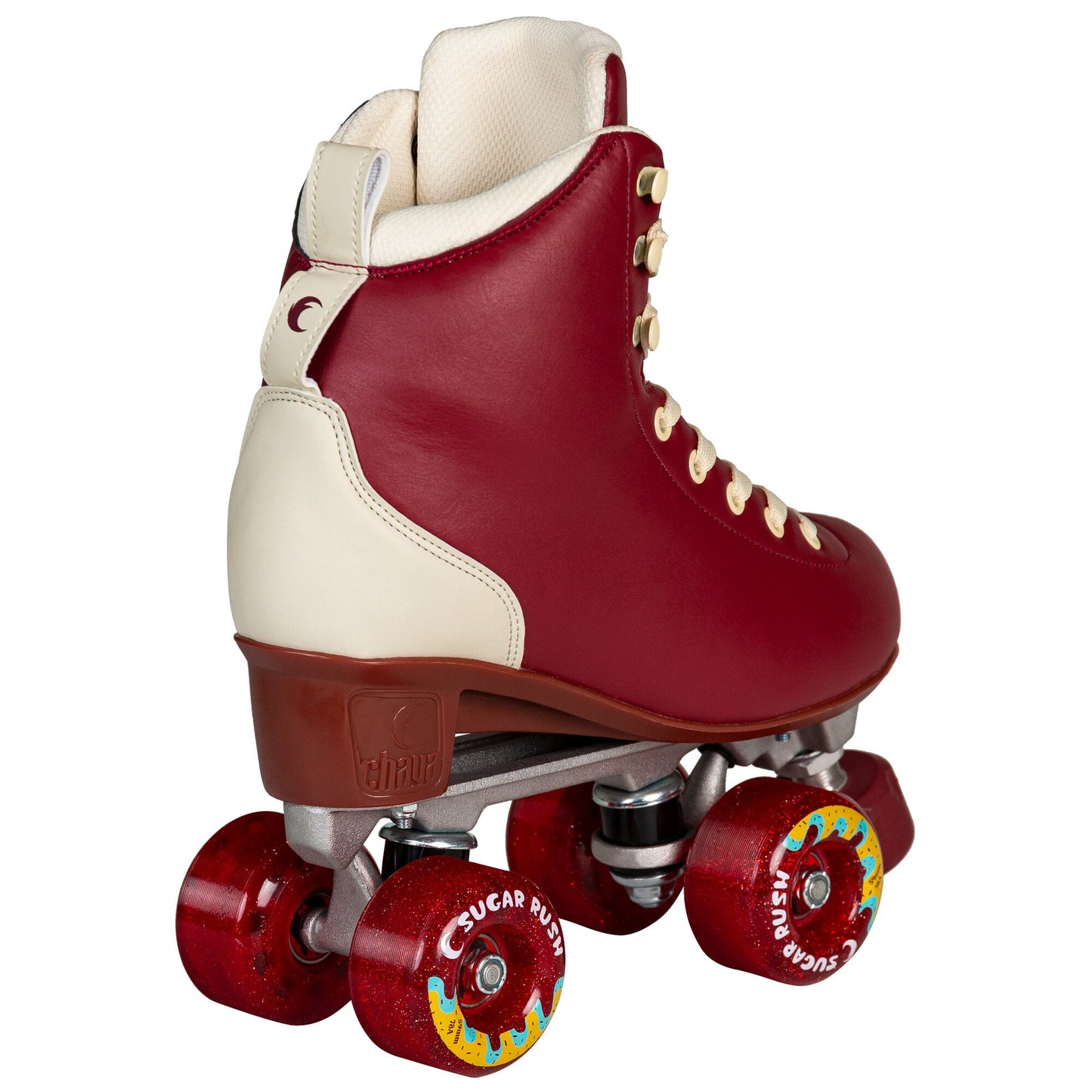 Back view of Chaya Cozy Wine roller skates, showing the rear of the boot and its rich, consistent color.