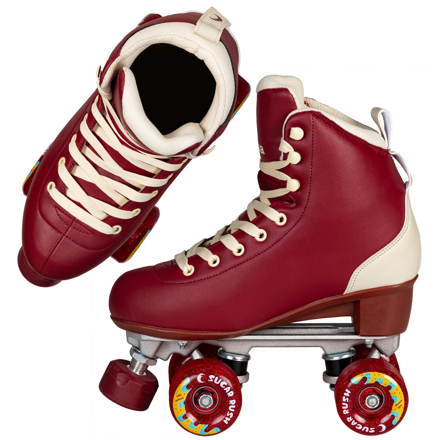 Chaya Cozy Wine quad skates, pristine and ready for a comfortable and elegant ride.