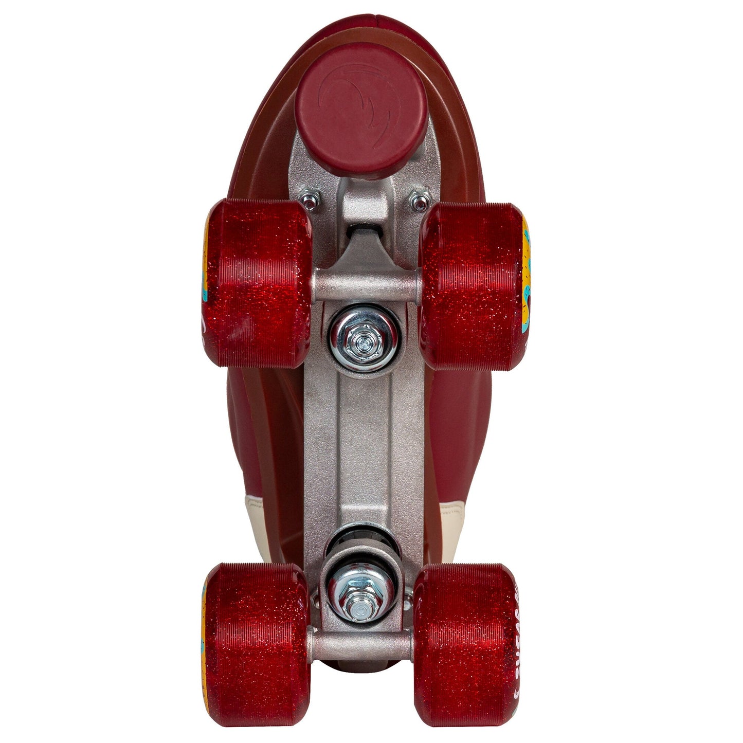 Underside view of a Chaya Cozy Wine skate, detailing the plate, trucks, and toe stop.