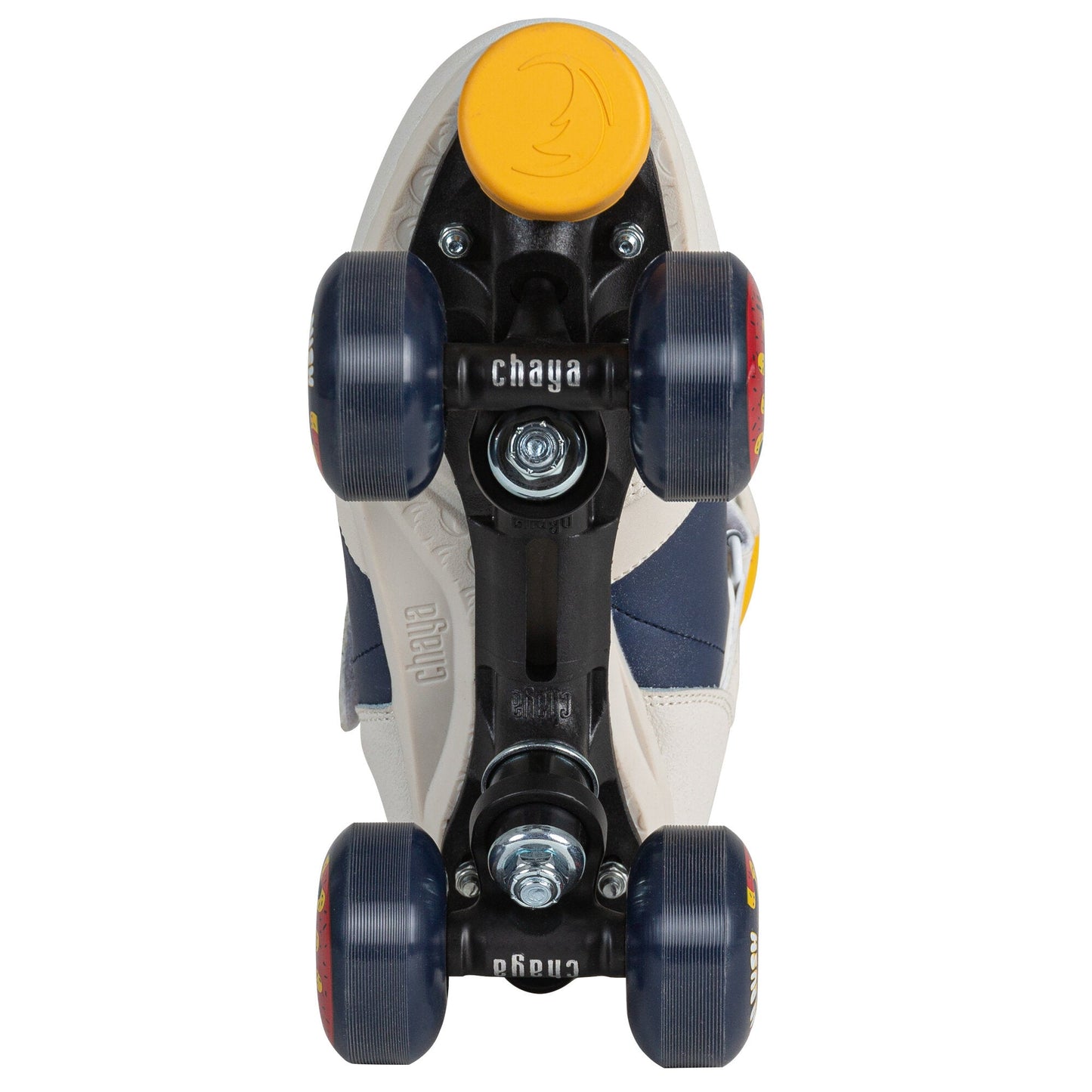Underside view of a Chaya Jump Off White skate, detailing the robust plate, trucks, and toe stop.