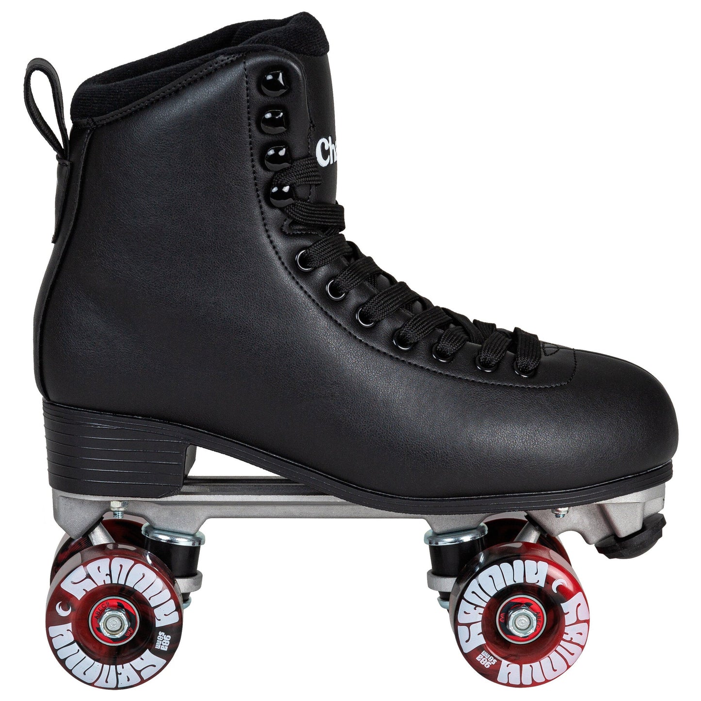 Side profile of a Chaya Classic Dance skate, displaying its sophisticated aesthetic and specialized wheels for dance.