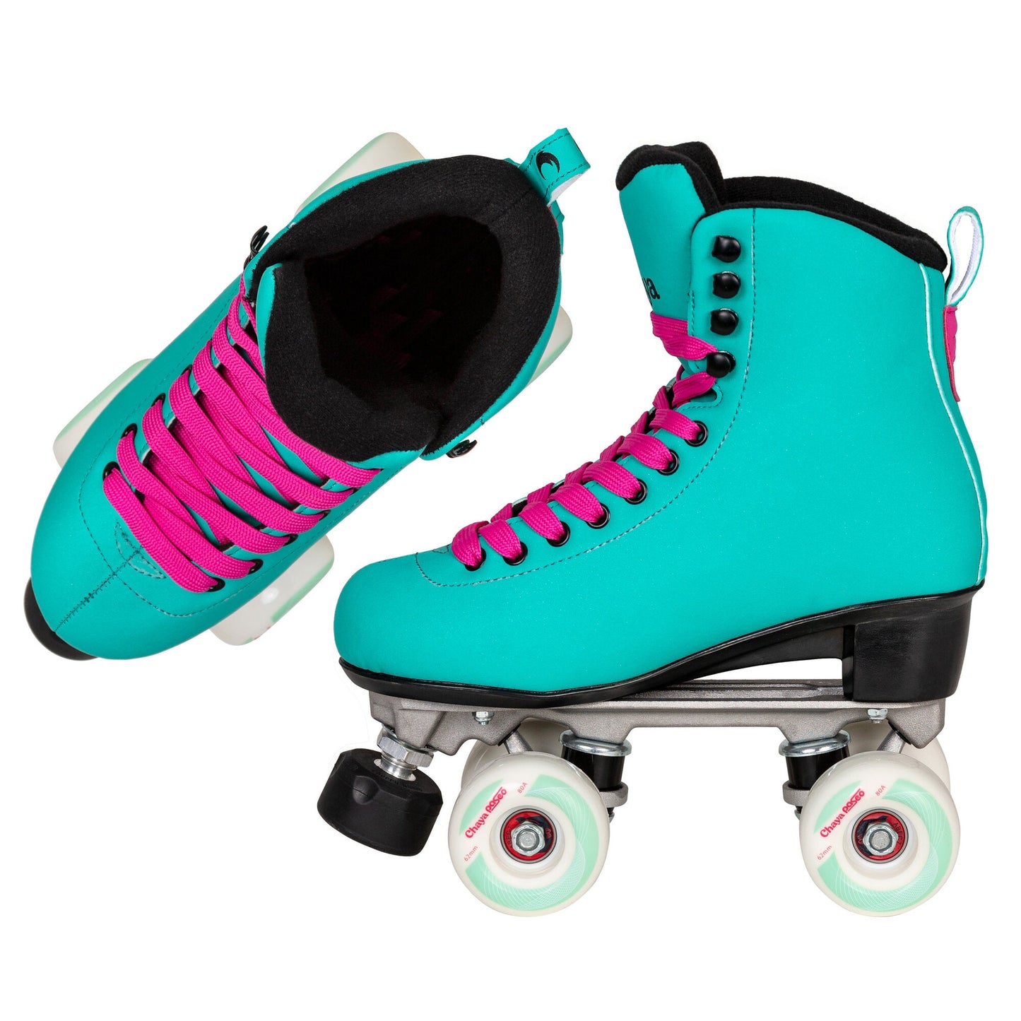 Two Chaya Melrose Deluxe Turquoise skates, presented from various angles to highlight their comprehensive design
