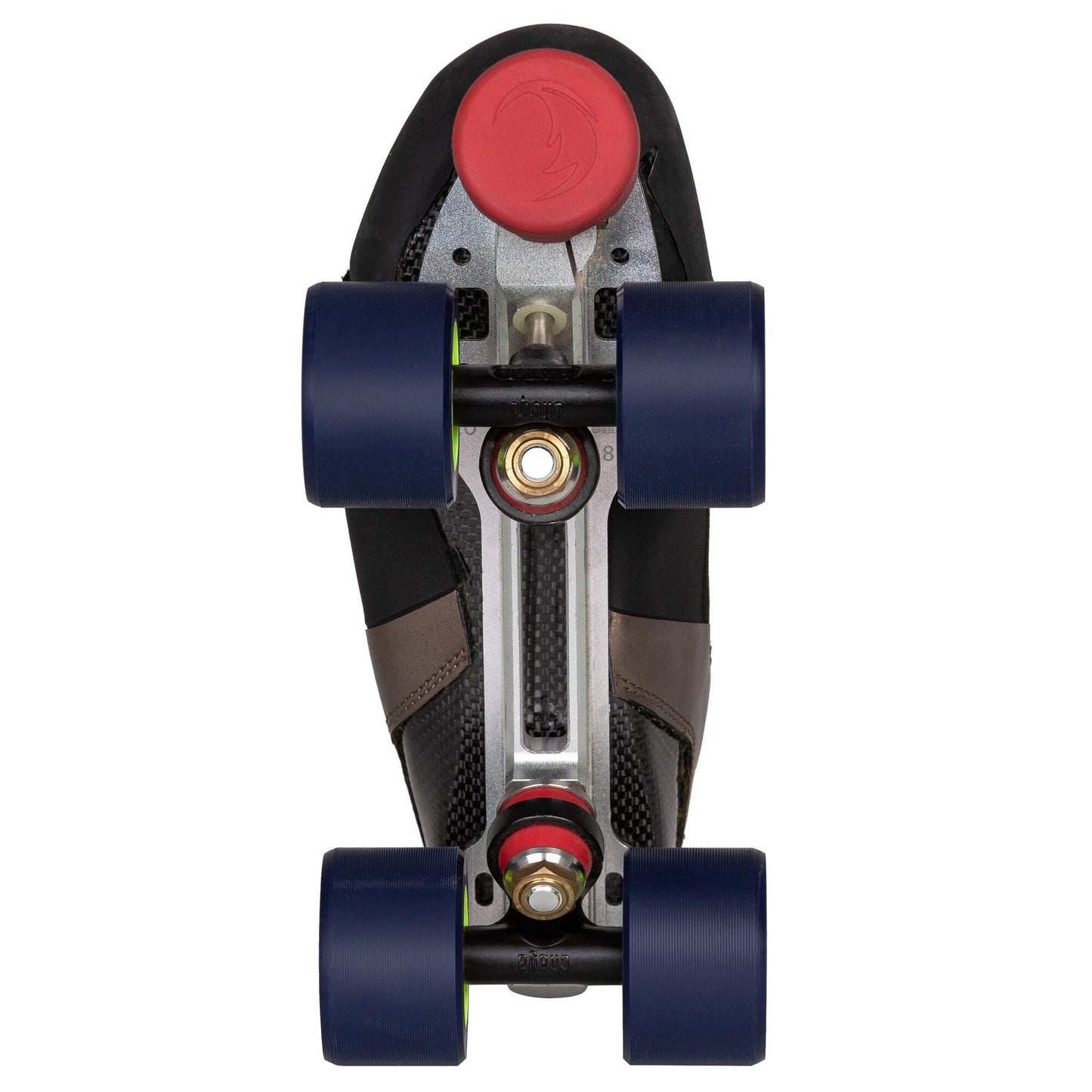 Underside view of a Chaya Eclipse skate, detailing the plate, trucks, and the Ground Control Wheels.