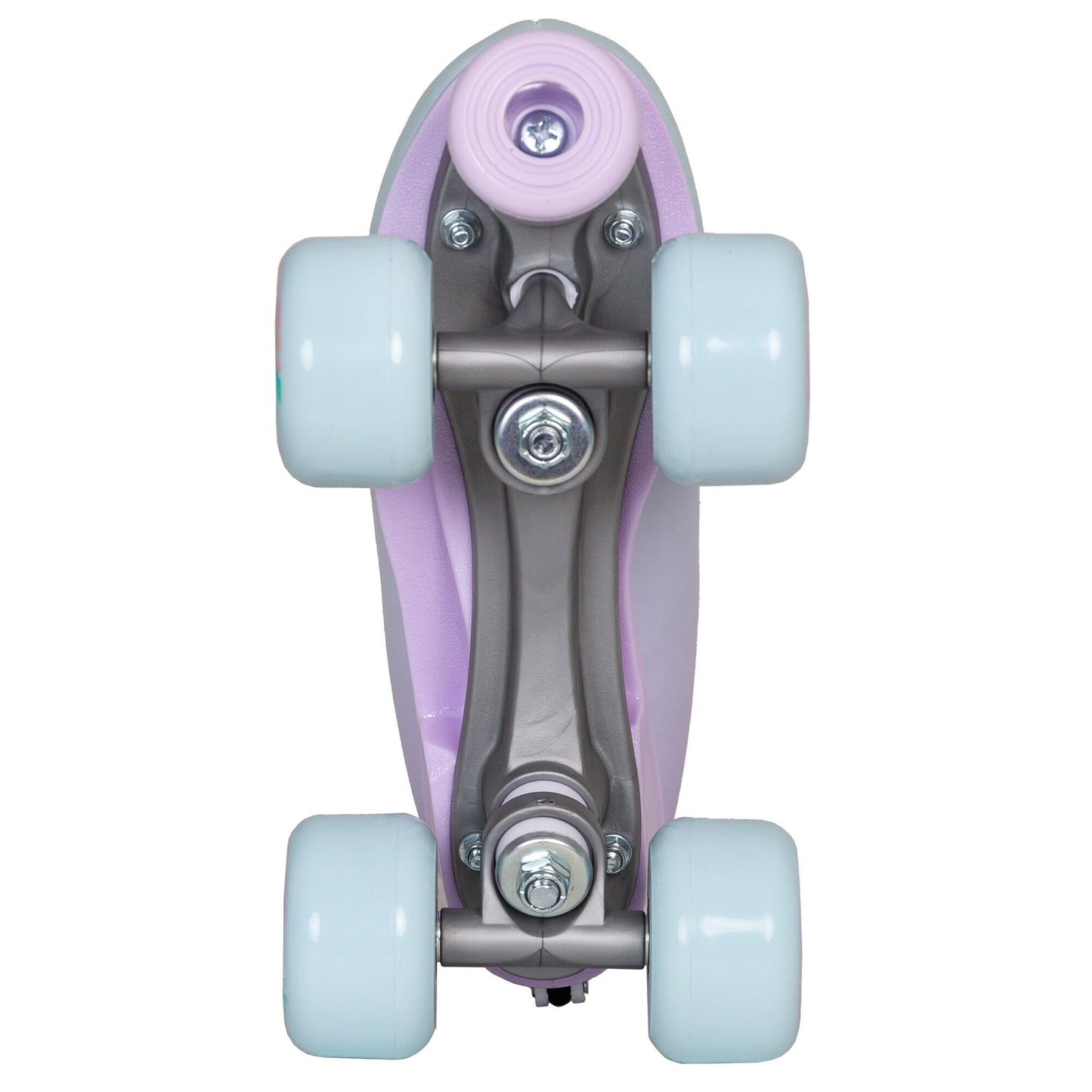 Bottom view of a Chaya Bliss Star quad roller skate, showing the plate, trucks, wheels, and toe stop.