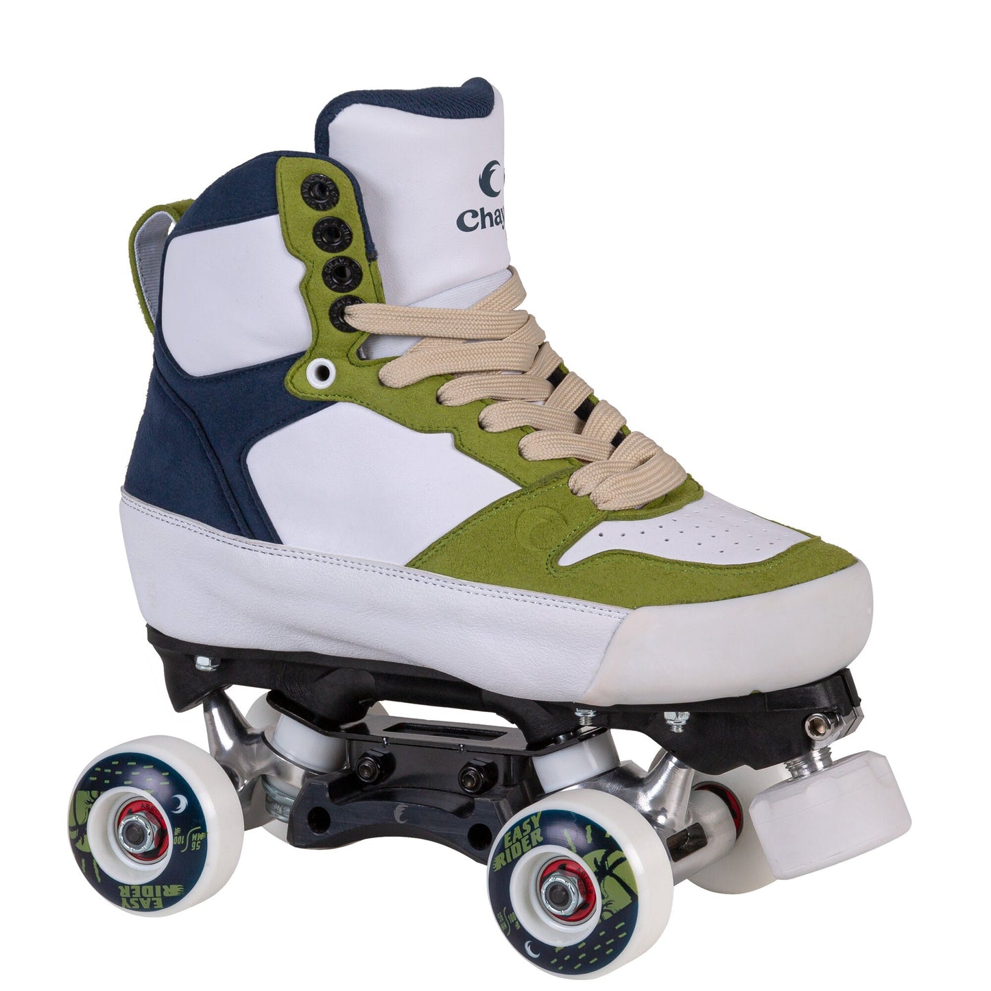 Chaya Nomade roller skates, angled view, showcasing their high-cut design and durable construction for aggressive park skating.