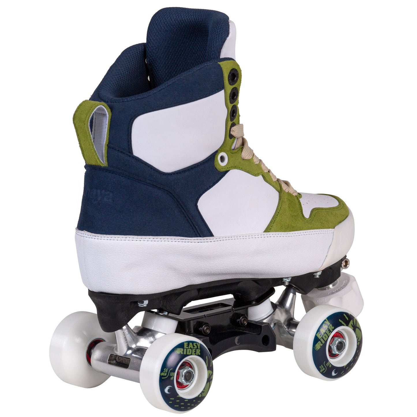 Chaya Nomade roller skate, rear view, highlighting the supportive high-cut boot and robust heel for stability in park skating.