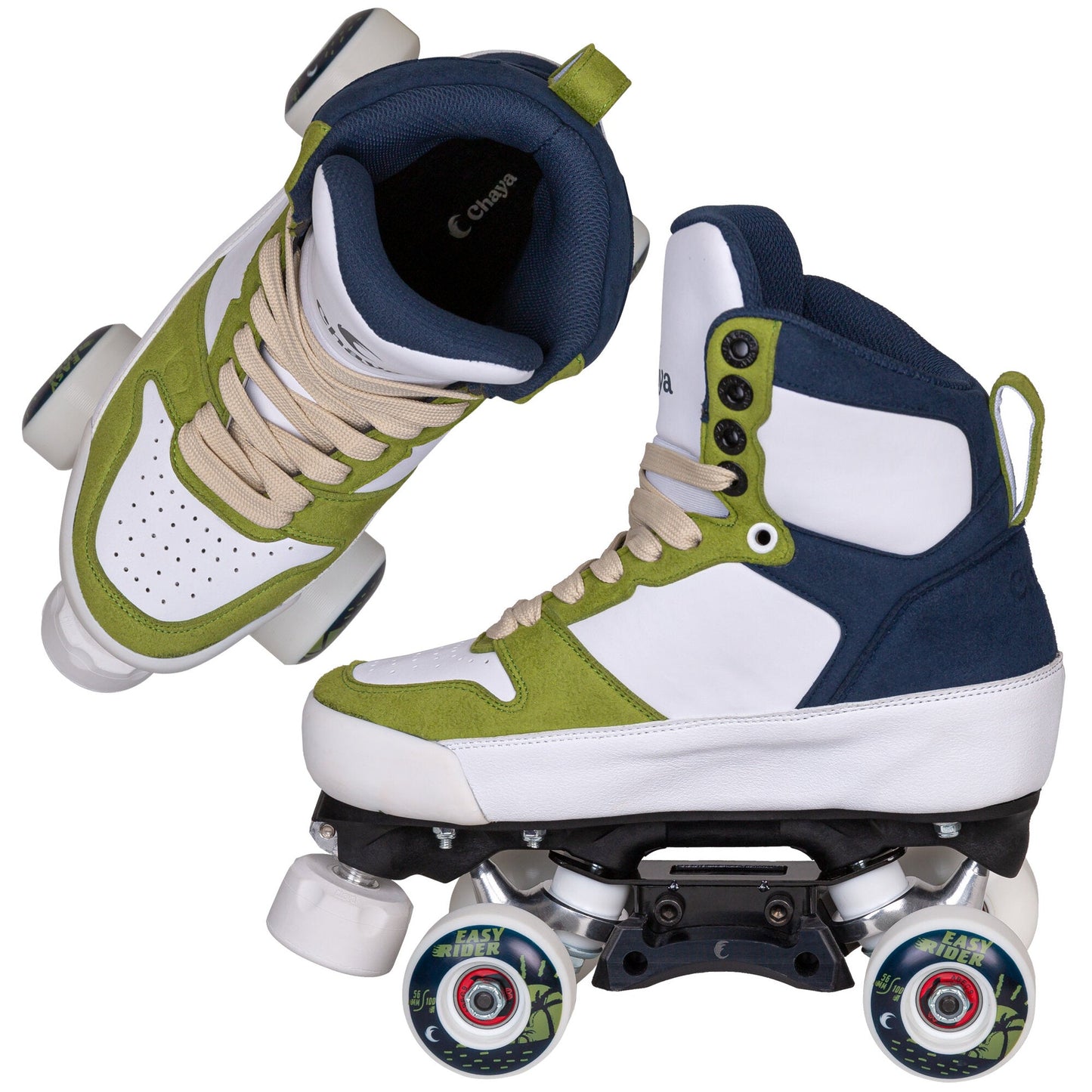 Chaya Nomade roller skates, a pair arranged at varying angles, showcasing their complete design and durable components for park skating.