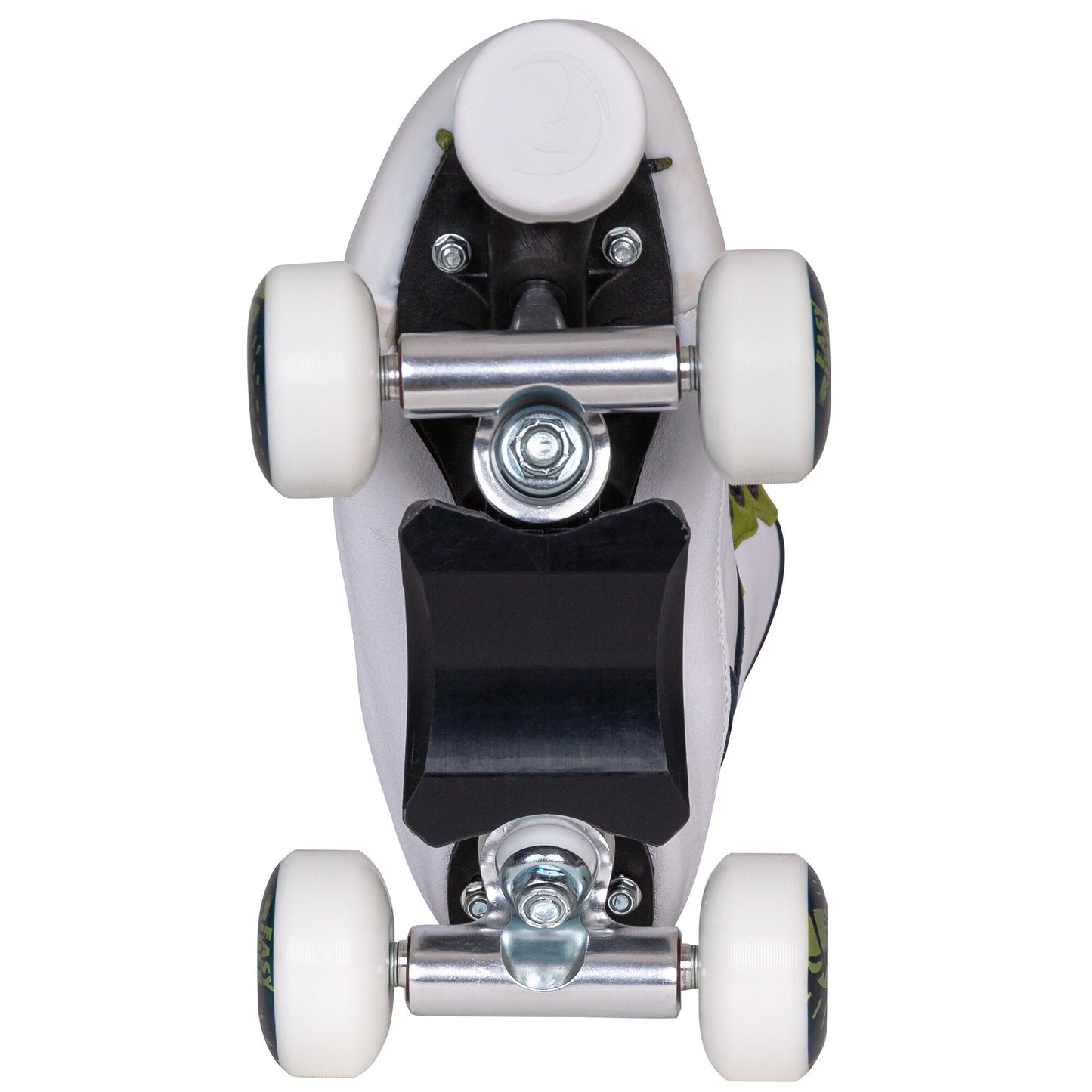 Bottom view of Chaya Nomade skates, revealing the lightweight Chaya Shari plate and forged aluminum trucks for stability.