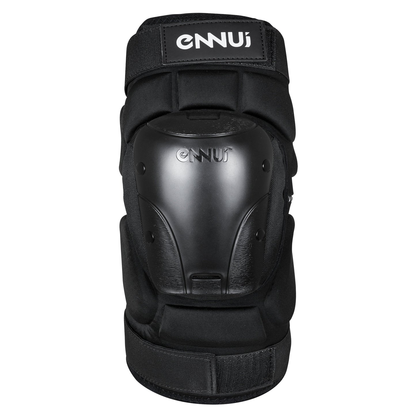 Front view of the ENNUI Ave Knee Gasket, showcasing its prominent hard shell cap and wide, adjustable straps for secure, front-facing impact protection.