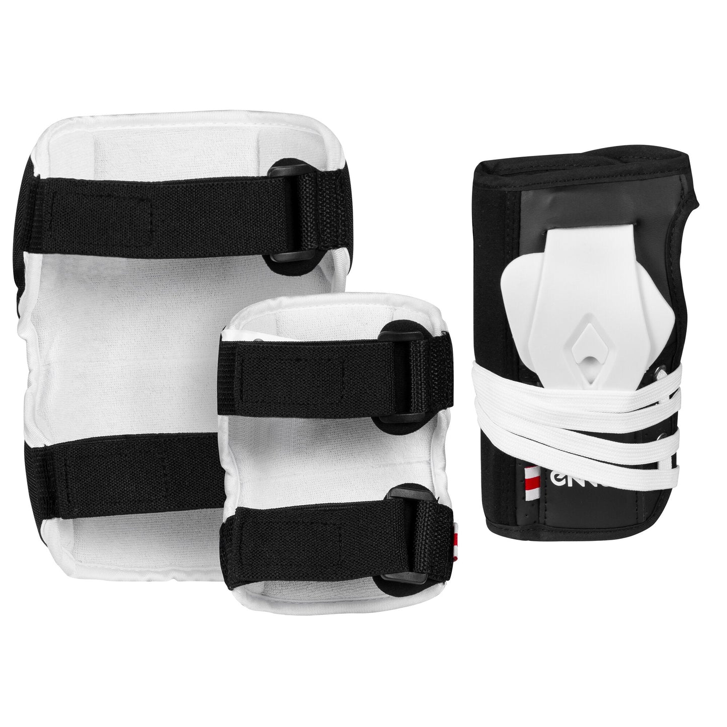 Rear view of the complete ENNUI Park Set, showing the adjustable straps, breathable mesh panels, and closure systems on the knee gaskets, elbow gaskets, and wrist guards.