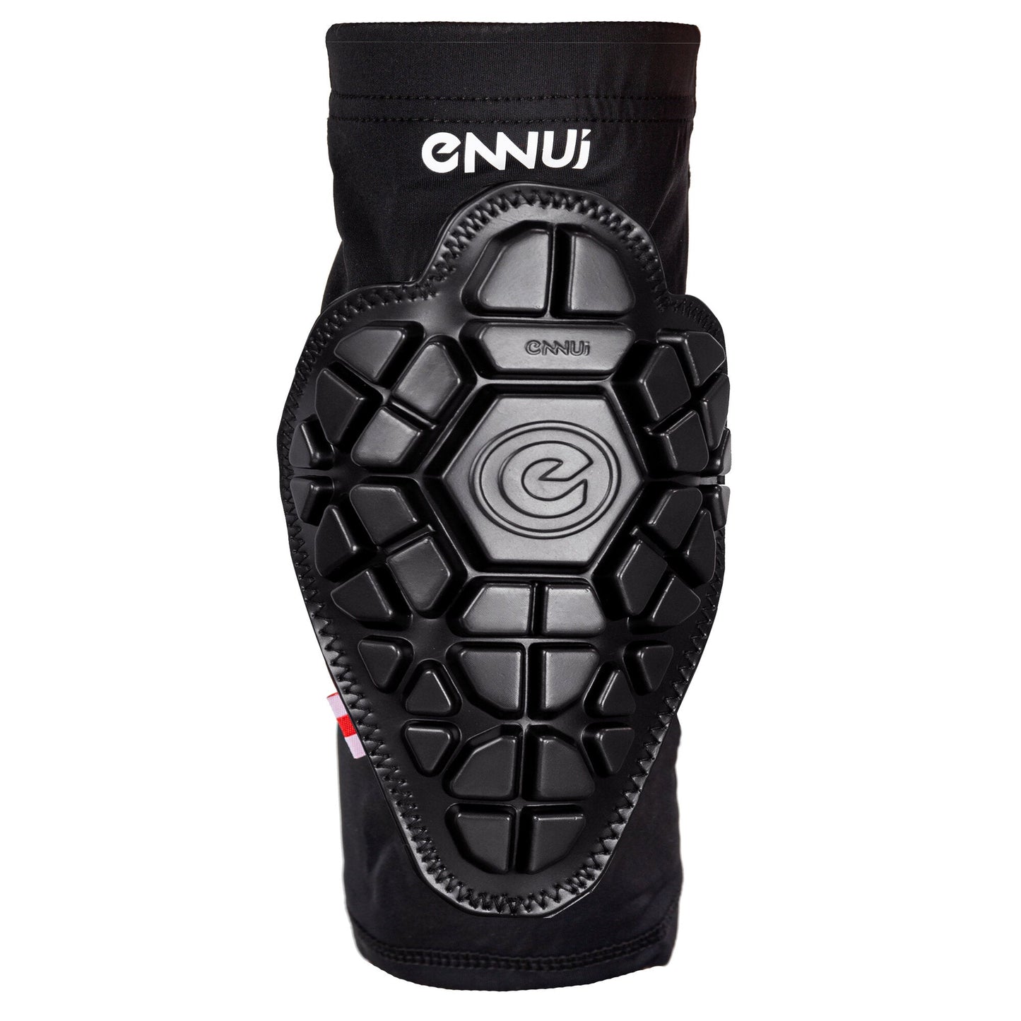 A front view of the ENNUI Shock Sleeve Elbow Gasket, a black, minimalist elbow protector. Its flexible fabric hides impact-hardening technology, offering discreet and effective protection for your elbow.