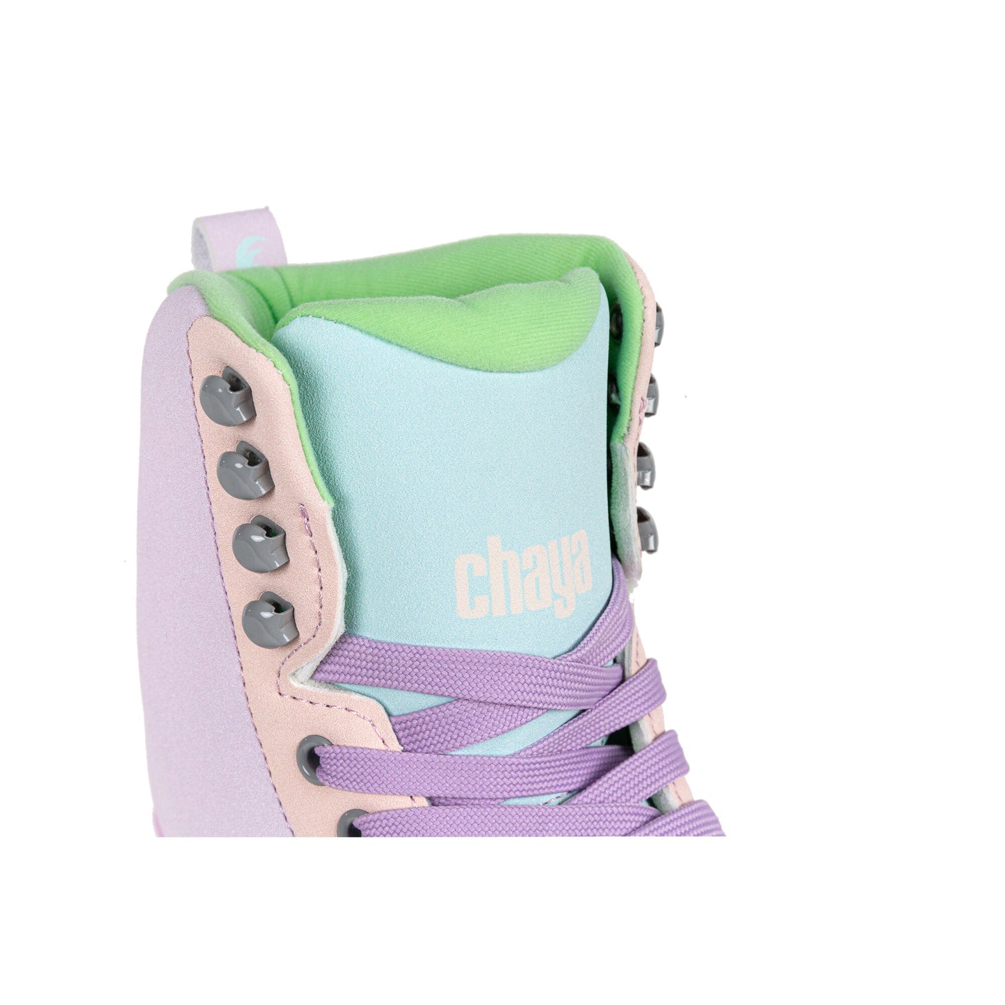 Close-up of the Chaya Melrose Deluxe Pastel skate's tongue and ankle opening, highlighting the soft interior padding and the delicate pastel colors of the boot's upper.