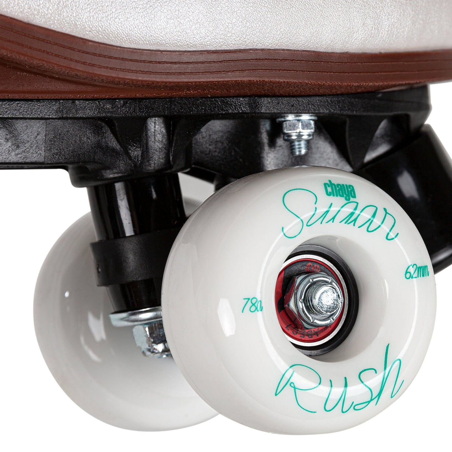 Close-up of a Chaya Bliss Vanilla adjustable roller skate wheel, highlighting its color, material, and texture.