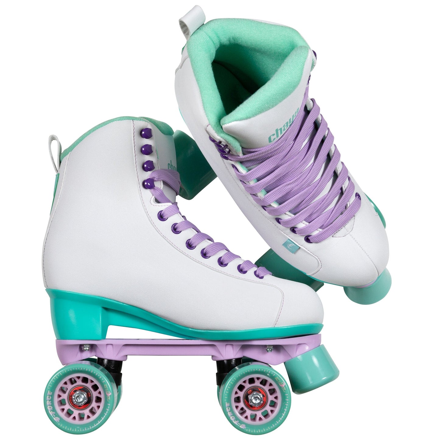 Two Chaya Melrose White skates, thoughtfully arranged to highlight their unified design and crisp appearance.