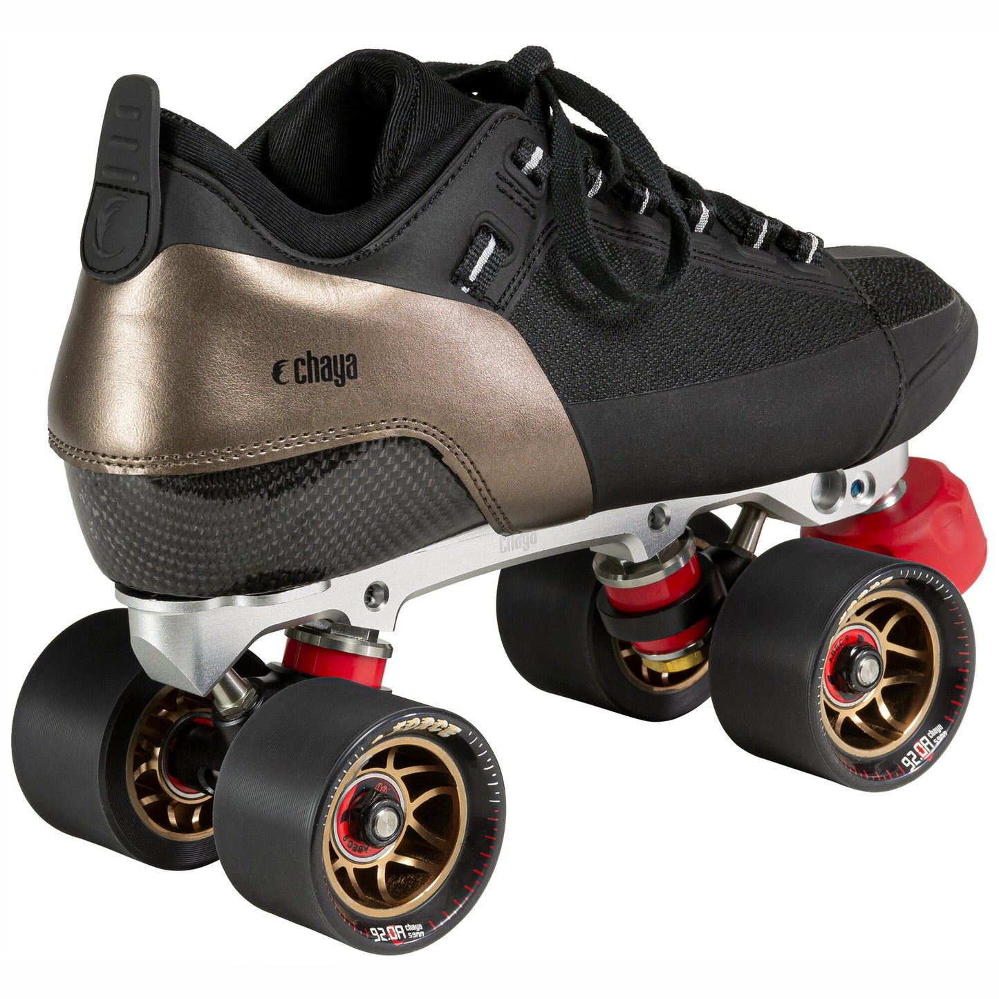 Back view of a Chaya Eclipse quad roller skate, showing the rear of the boot and the prominent G-Force Alloy wheels.