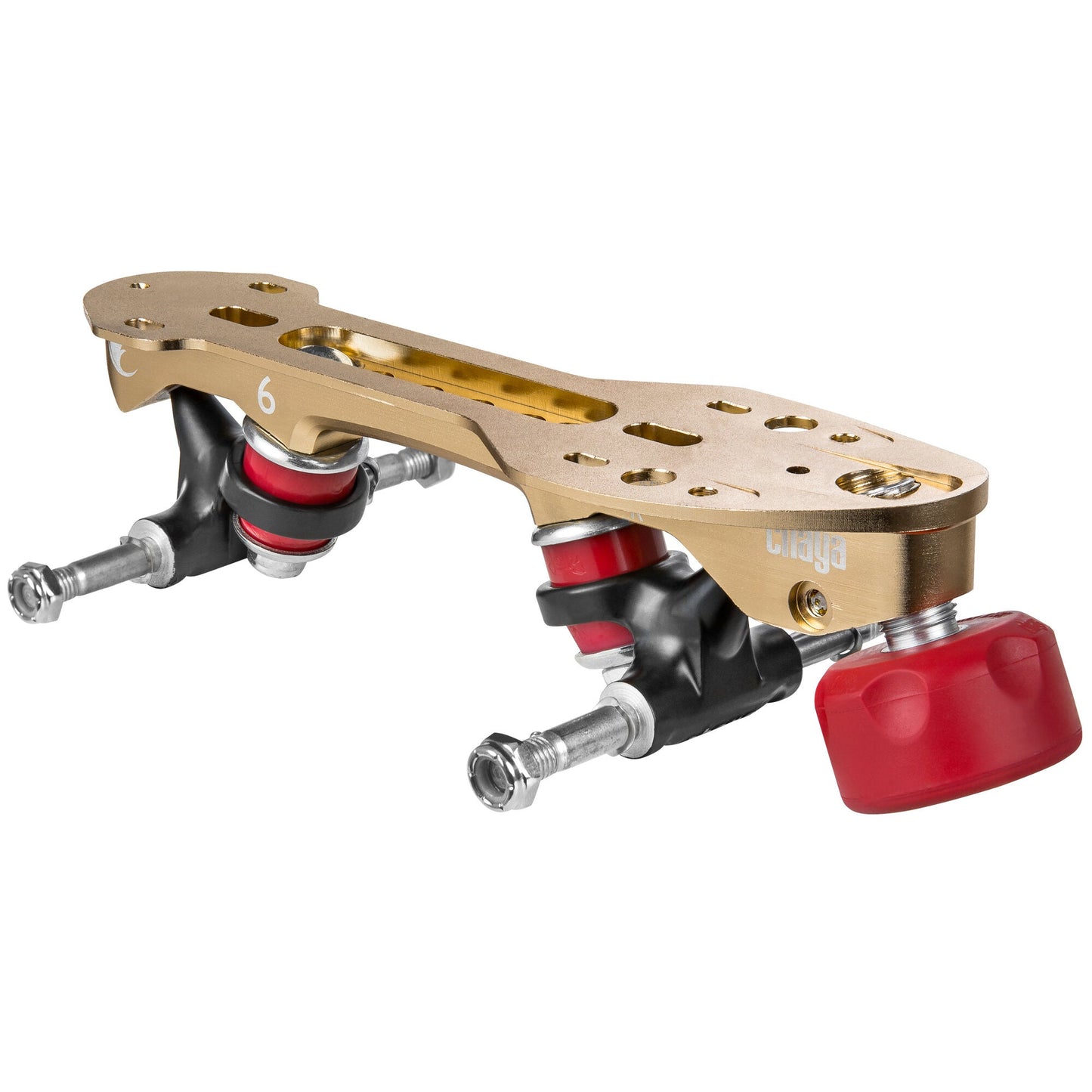 Angled view of the Chaya Zena Standard 20° plate, highlighting its robust construction and responsive 20-degree kingpin angle.