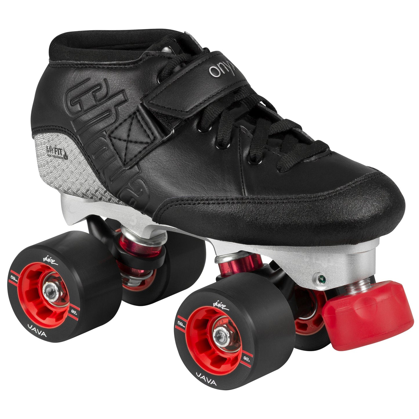 Chaya Onyx roller skate, angled front view, highlighting its robust boot and high-performance components.