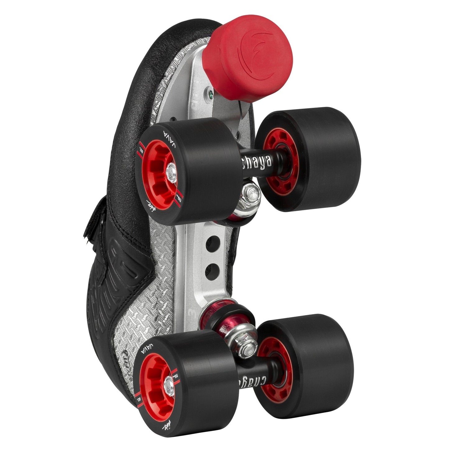 Chaya Onyx roller skate, bottom view, showcasing the lightweight plate and durable trucks for optimal performance.