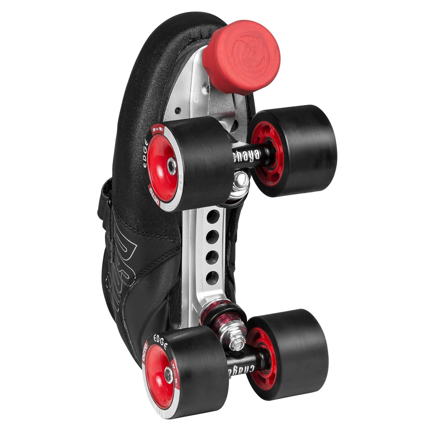 Underside view of a Chaya Topaz roller skate, clearly showing the durable plate, responsive trucks, and the vibrant red wheels designed for smooth performance