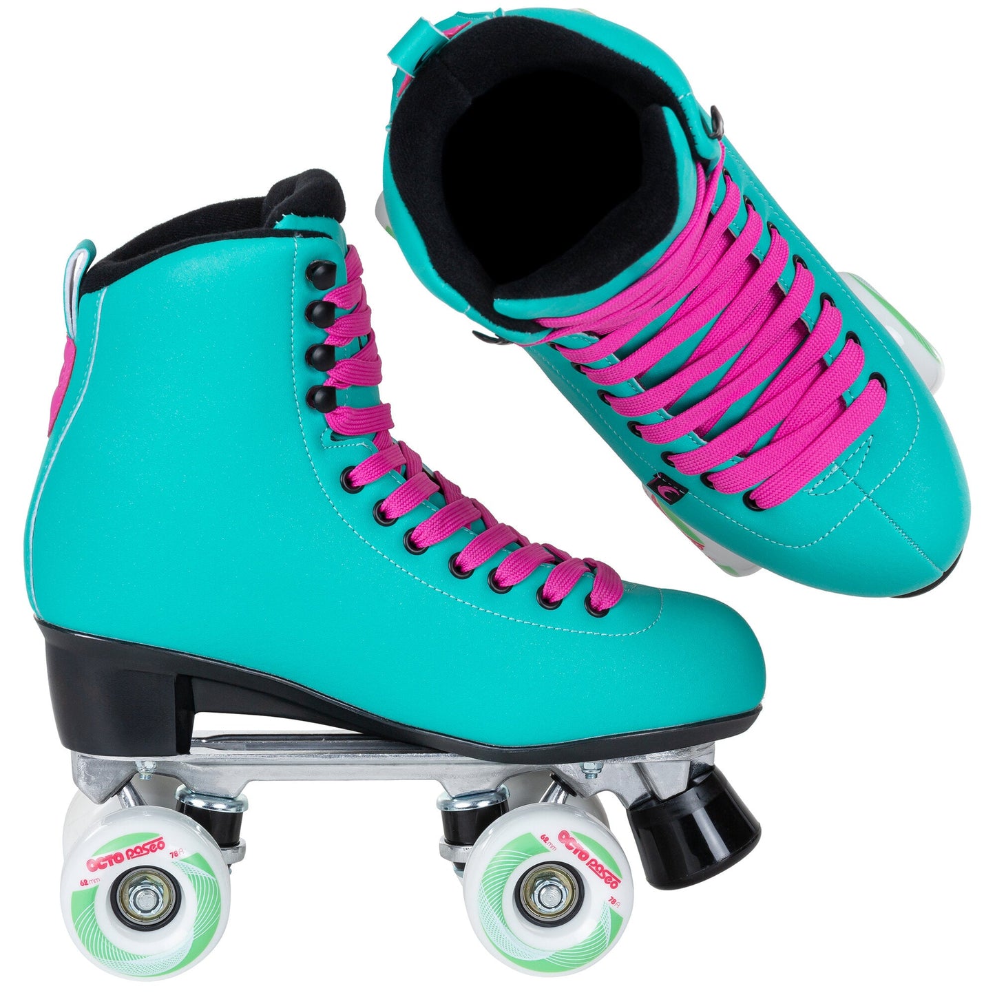 Two Chaya Melrose Deluxe Turquoise skates, positioned to showcase their comprehensive and appealing design from two different angles.