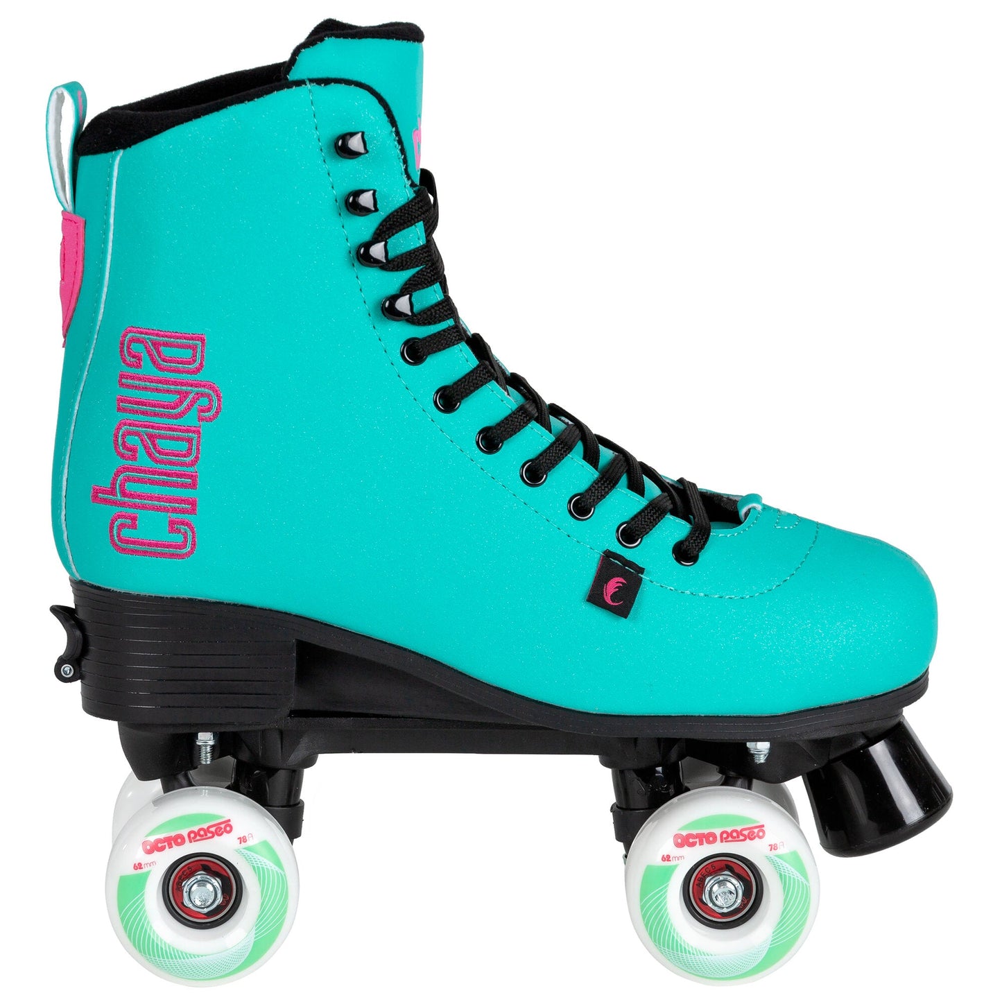 Side profile of a Chaya Bliss Turquoise quad skate, with the bright turquoise boot and matching wheels.
