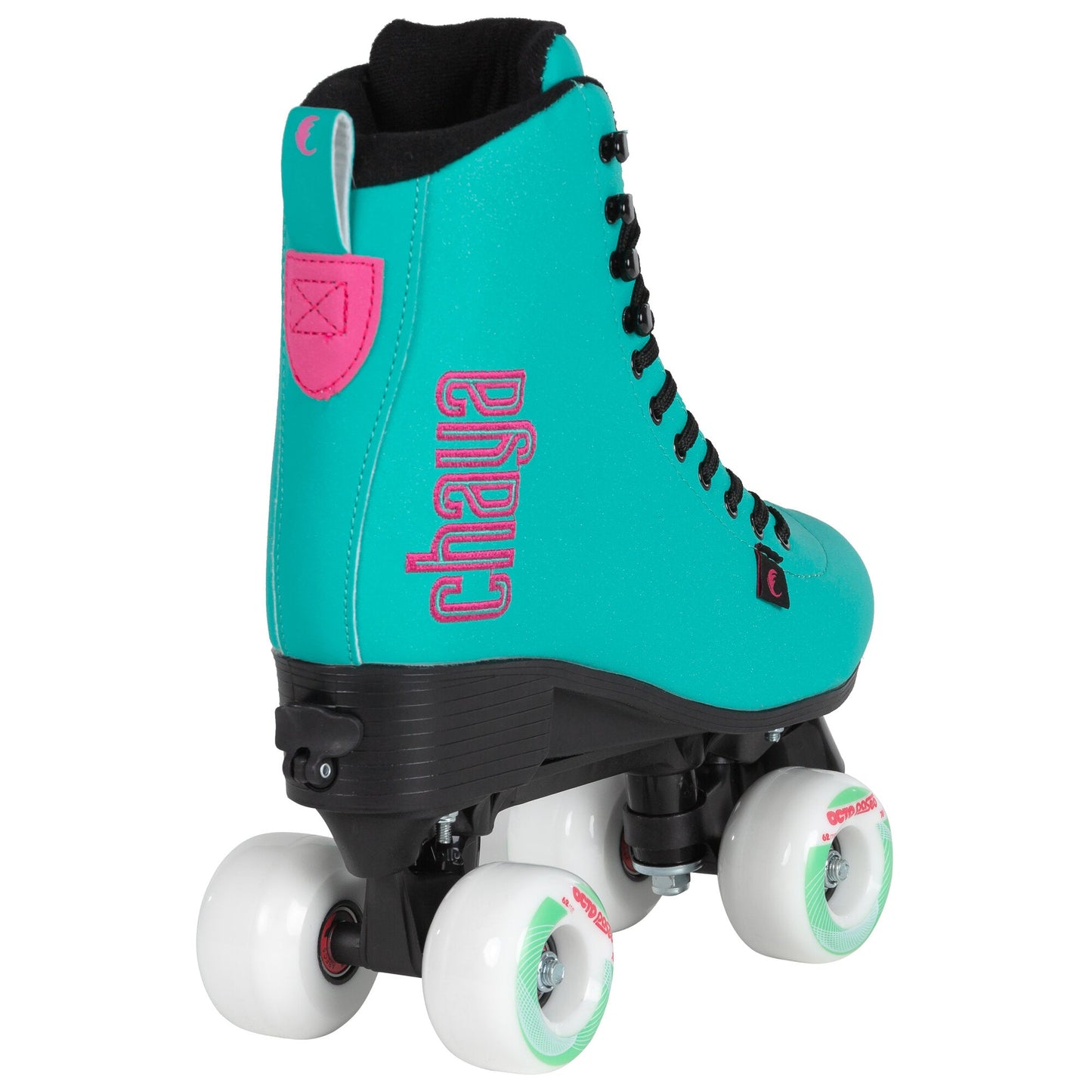 Back view of Chaya Bliss Turquoise roller skates, showing the rear of the boot