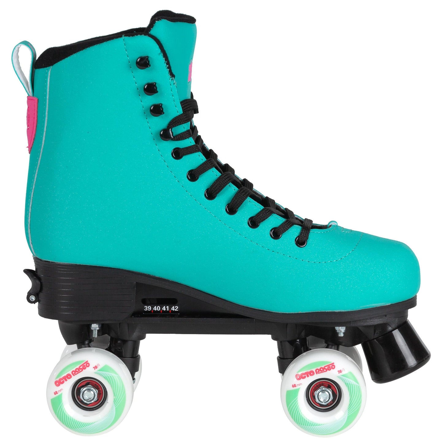 Chaya Bliss Turquoise roller skate, side profile, showcasing the complete skate with its plate, trucks, and toe stop.