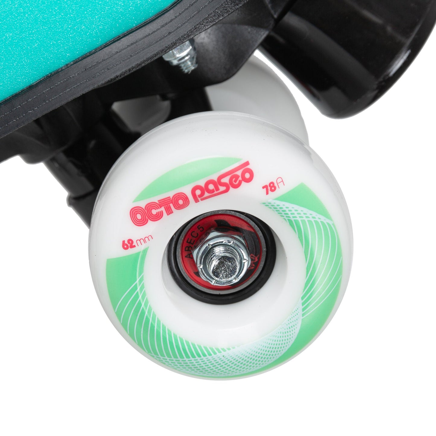 Close-up of a Chaya Bliss Turquoise roller skate wheel, highlighting its vibrant color and specific durometer.