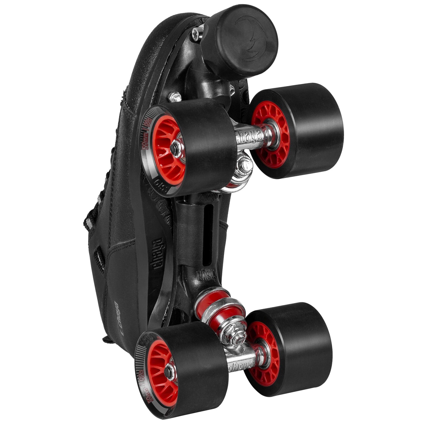 Underside view of the Chaya Ruby skate, revealing its plate, trucks, and wheel configuration.