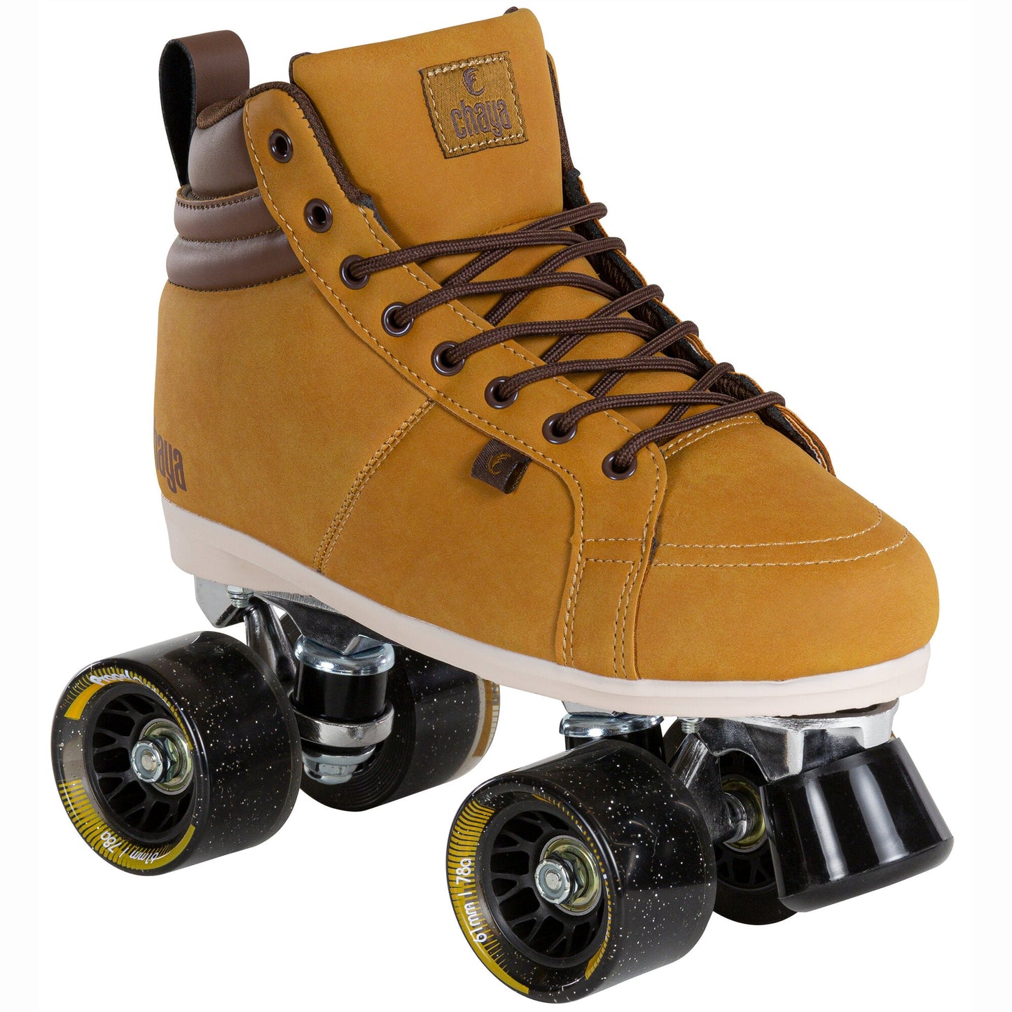 An angled view of Chaya Voyager roller skates, emphasizing their stylish look and sturdy construction.
