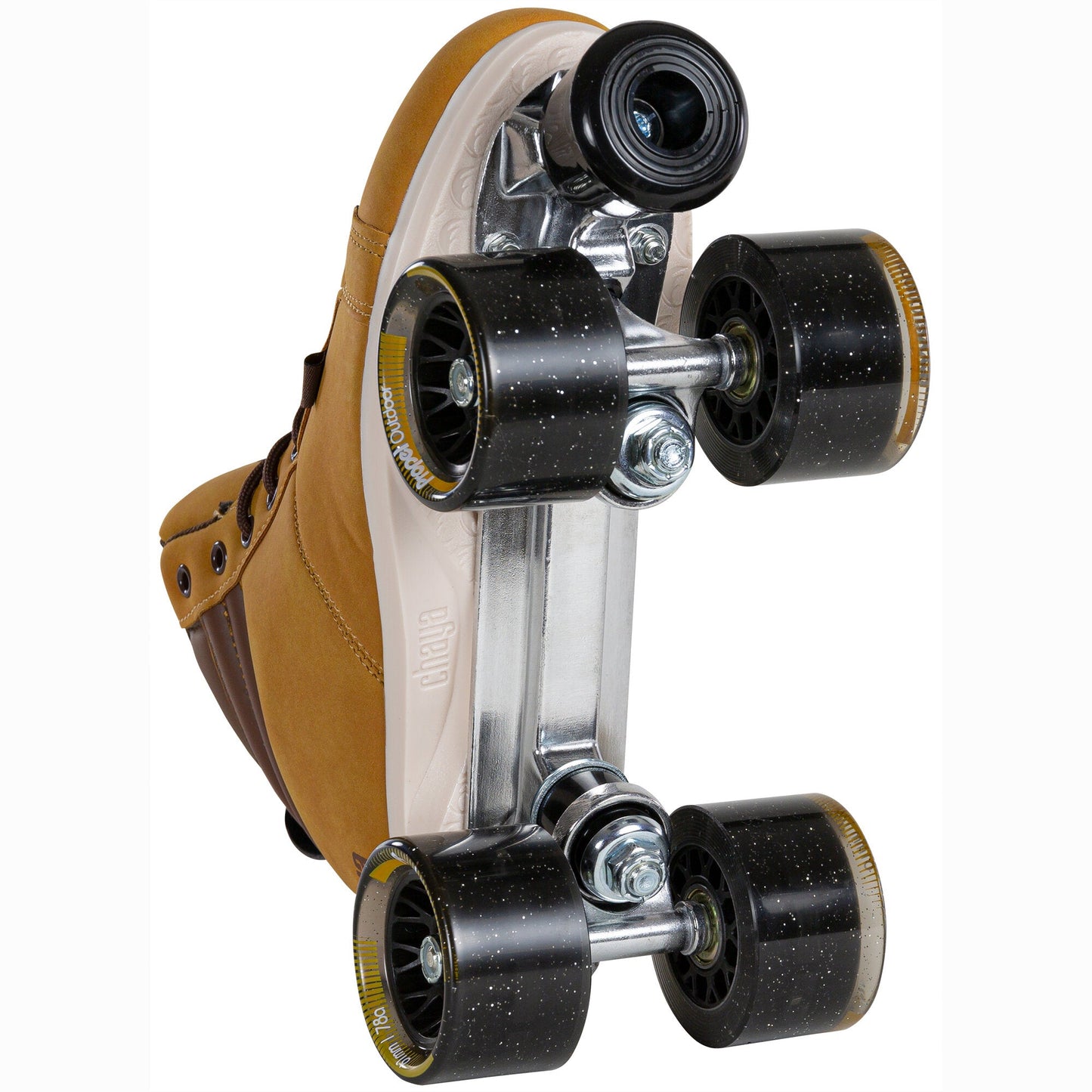 The robust Chaya Voyager plate and trucks, visible from an underside angle, built for stability.