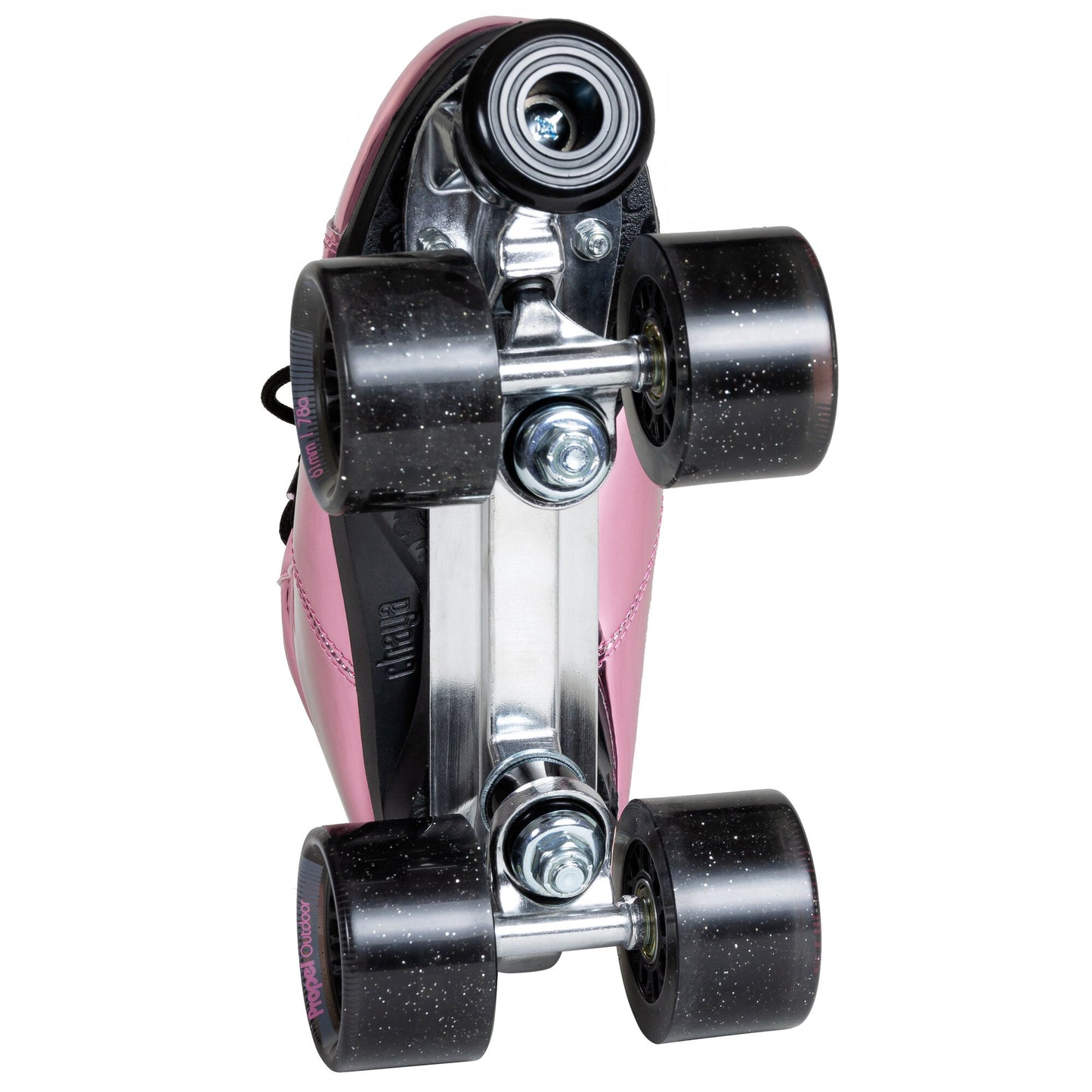 Underside view of the Chaya Pink Laser skate, revealing the base plate and wheel assembly.