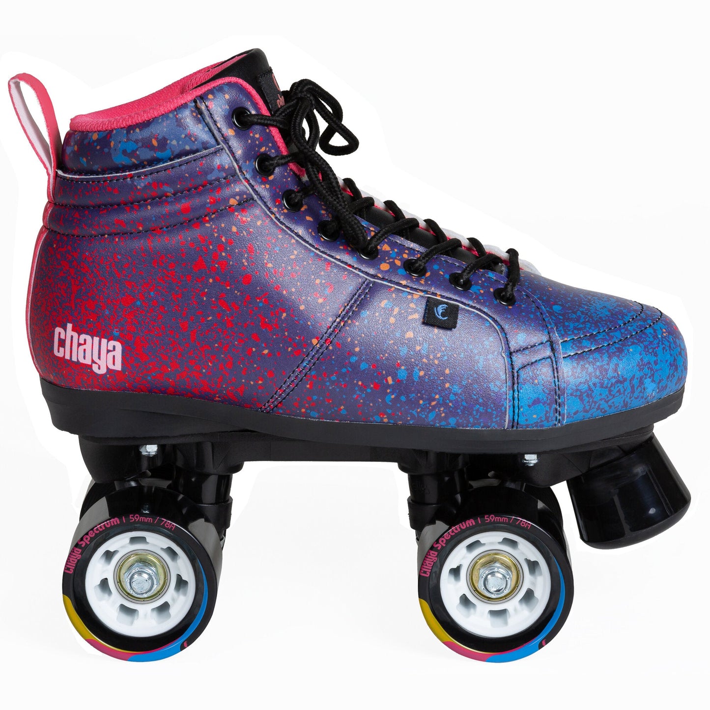 Side view of a Chaya Airbrush quad roller skate, showcasing its full profile, vibrant airbrushed boot, and matching wheels.