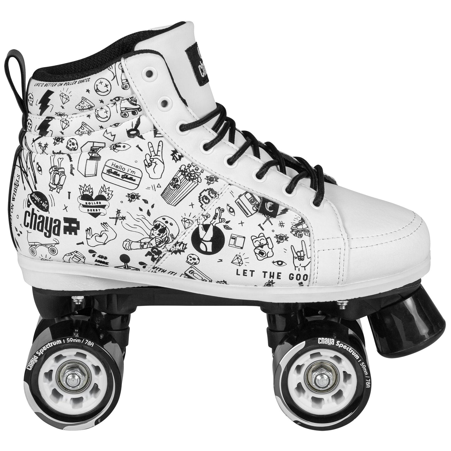 Side view of a Chaya Sketch roller skate, showcasing the full profile of the boot, black and white wheels, and classic plate design