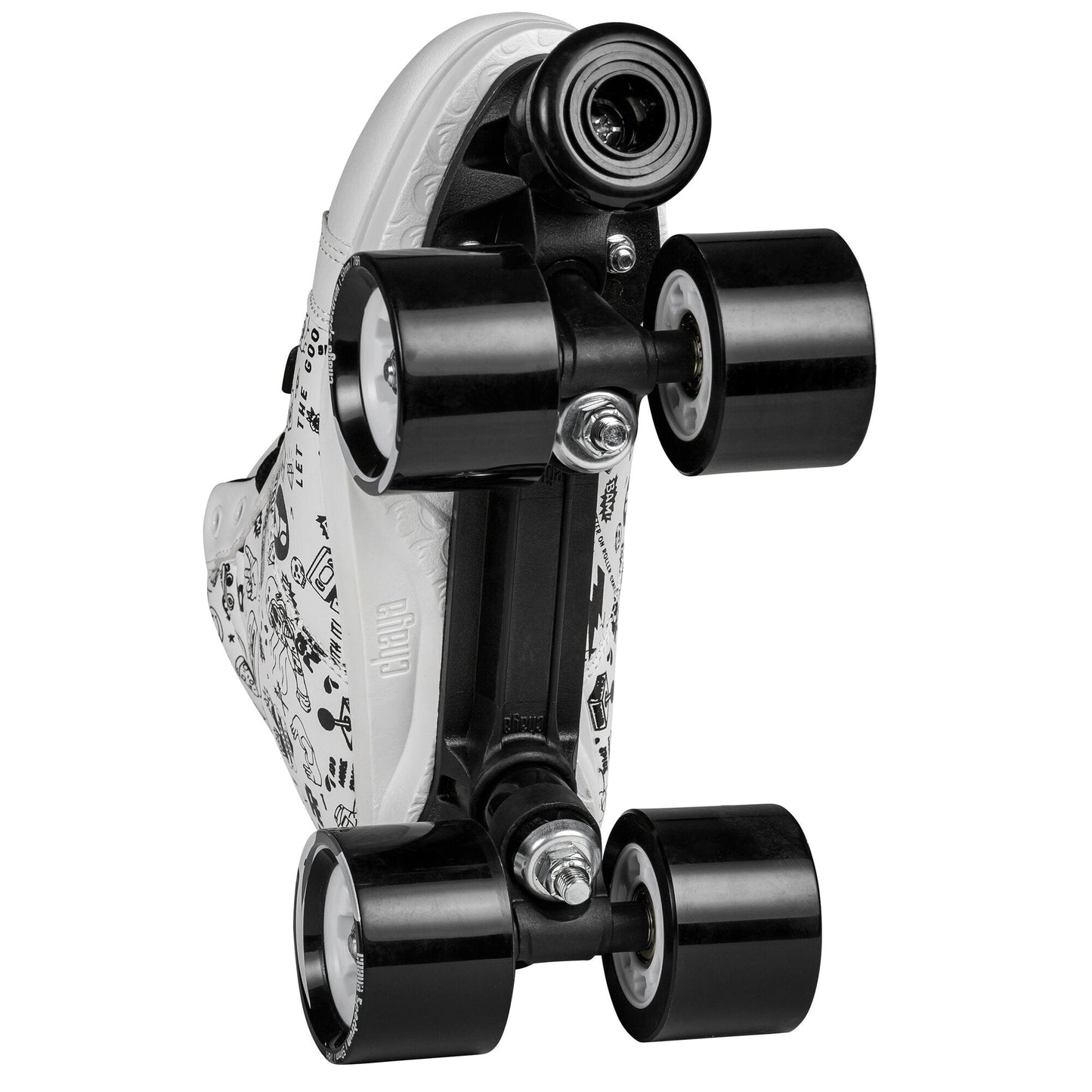 Underside view of a Chaya Sketch roller skate, clearly showing the durable plate, trucks, and the smooth wheels