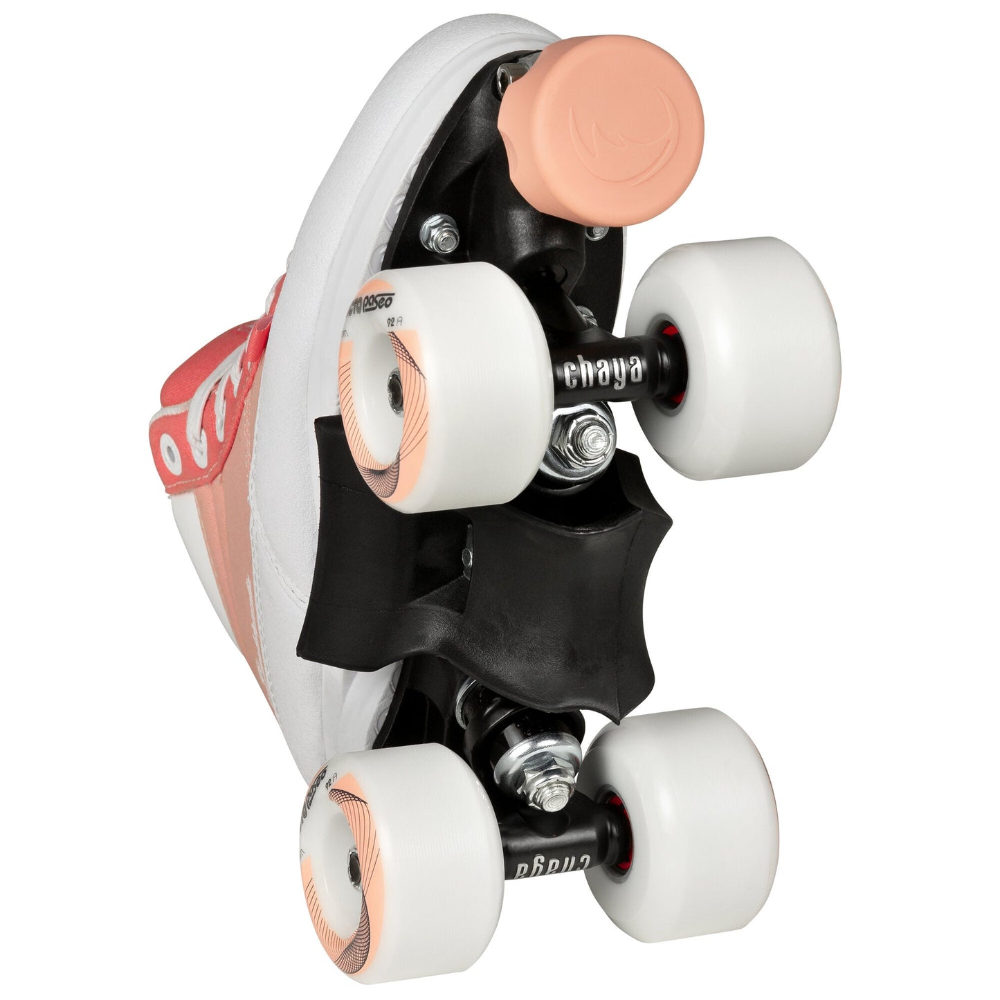 Underside view of a Chaya Kismet Barbiepatin skate, detailing the plate, trucks, and pink toe stop.