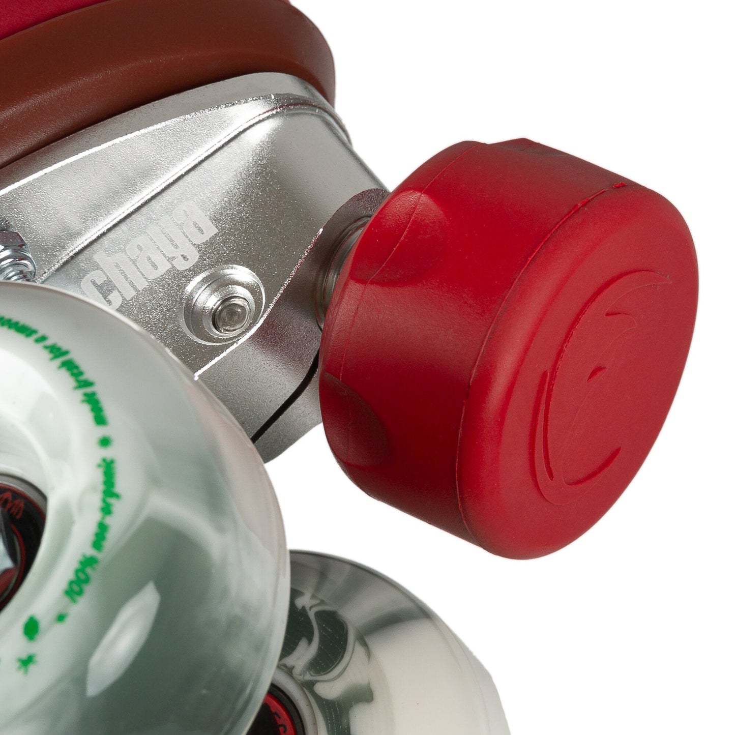 The toe stop of a Chaya Melrose Premium Berry Red skate, perfectly color-matched and ready for precise, controlled stops.