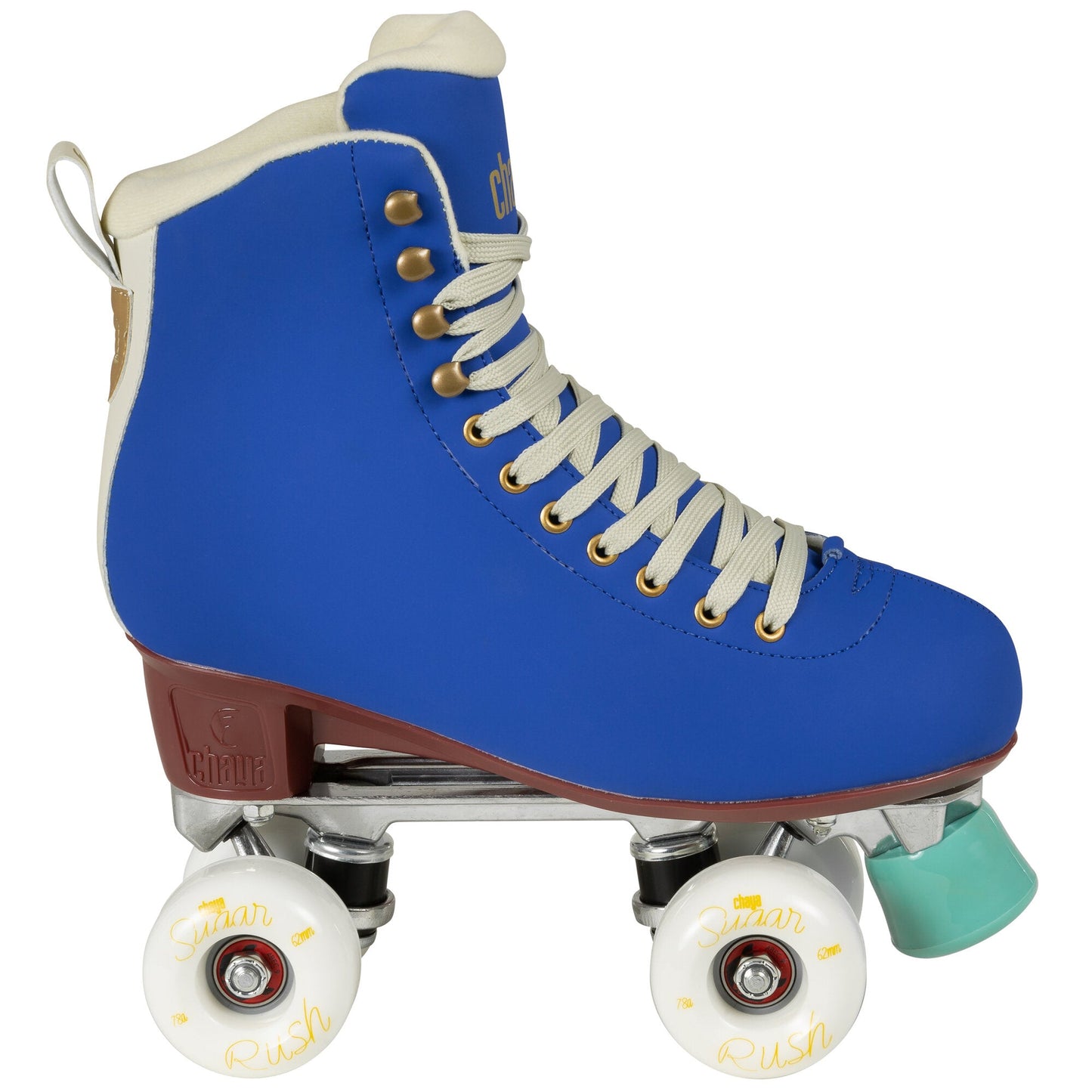 Side profile of a Chaya Melrose Deluxe Cobalt quad skate, revealing its elegant silhouette and white wheels.