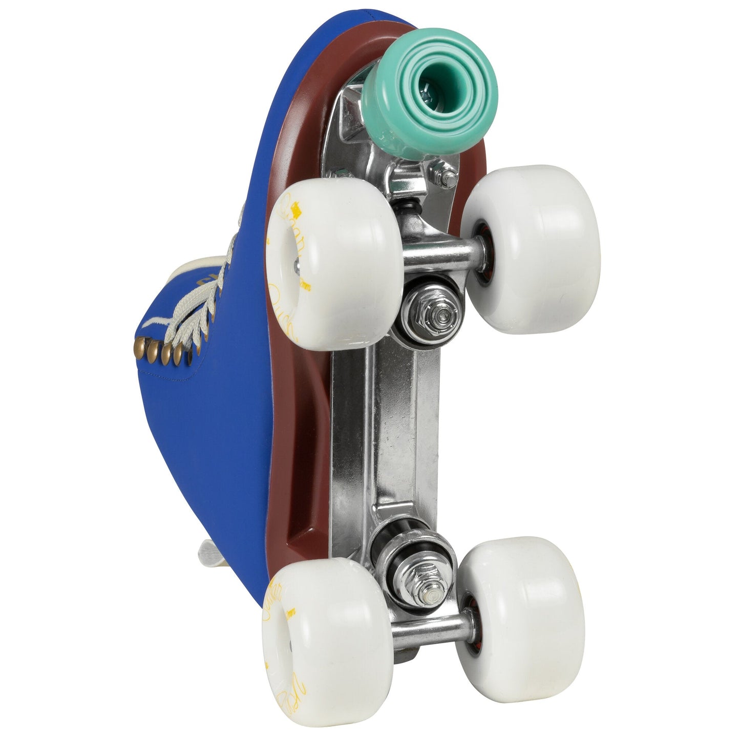 Underneath view of a Chaya Melrose Deluxe Cobalt skate, detailing the plate, trucks, and green toe stop.