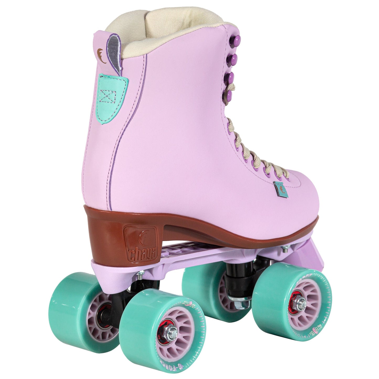 Rear view of Chaya Melrose Lavender skates, displaying the boot's classic lines and calming lavender tone from behind.
