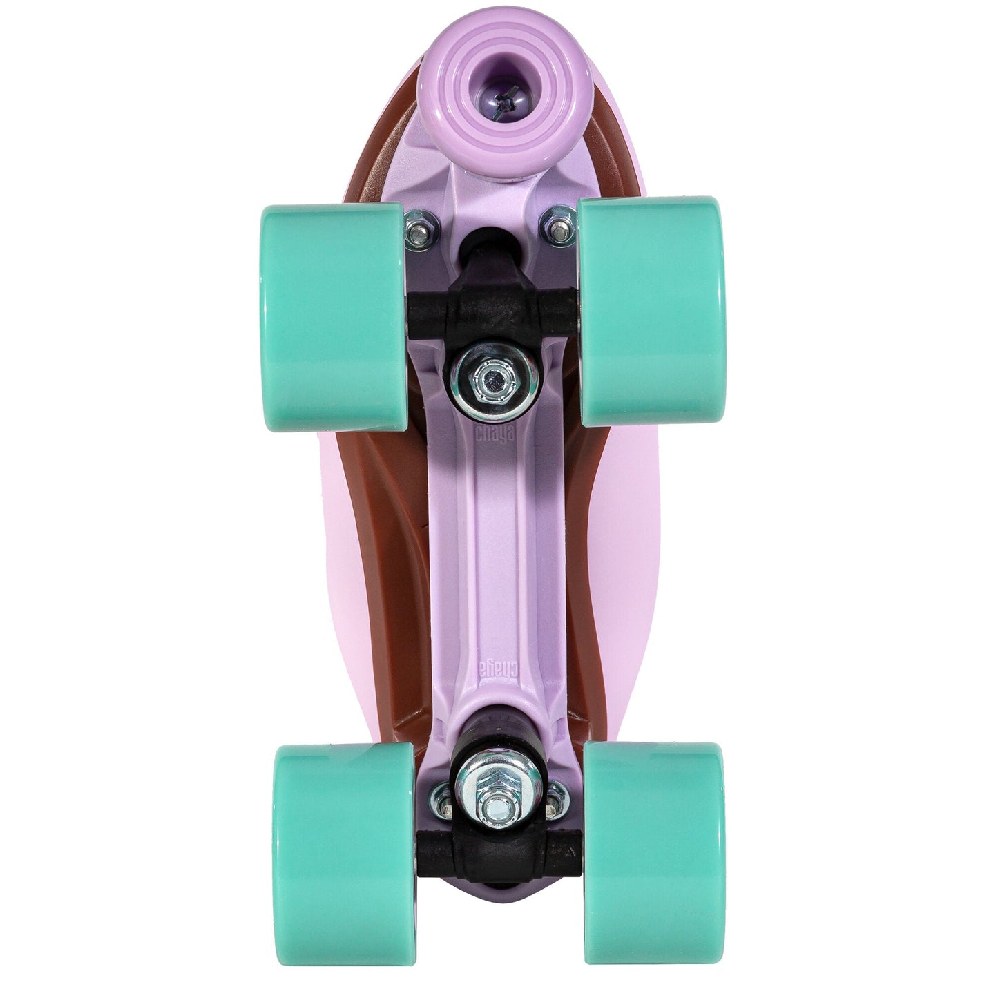 underside of a Chaya Melrose Lavender skate, detailing the plate, trucks, and coordinating toe stop.