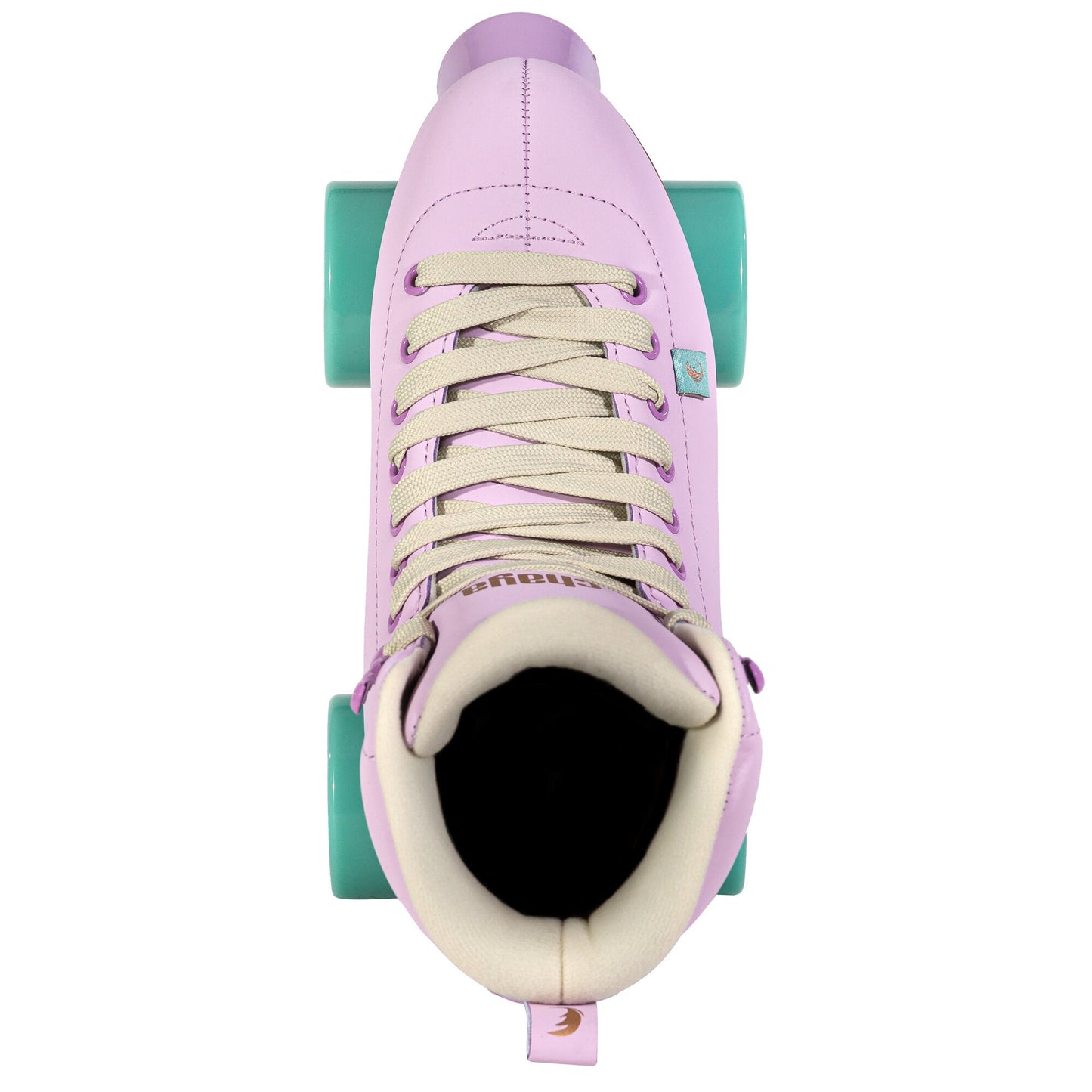 An overhead shot of a Chaya Melrose Lavender skate, capturing the lacing and the boot's serene upper surface.