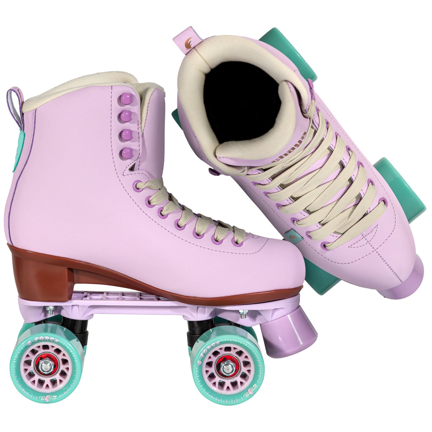 Two Chaya Melrose Lavender skates, artfully presented from different angles to highlight their comprehensive and charming design.