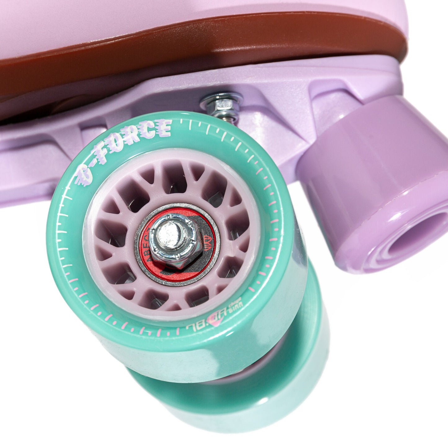 A wheel from the Chaya Melrose Lavender skate, showcasing its colors and design