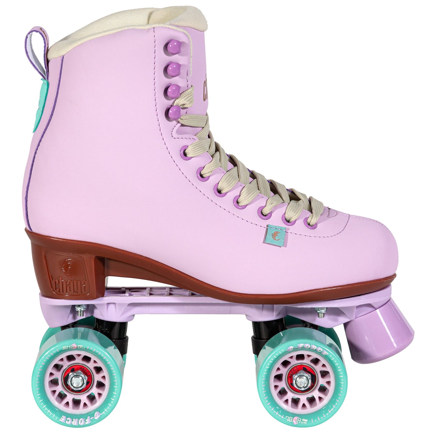 Side profile of a Chaya Melrose Lavender quad skate, revealing its graceful contours.
