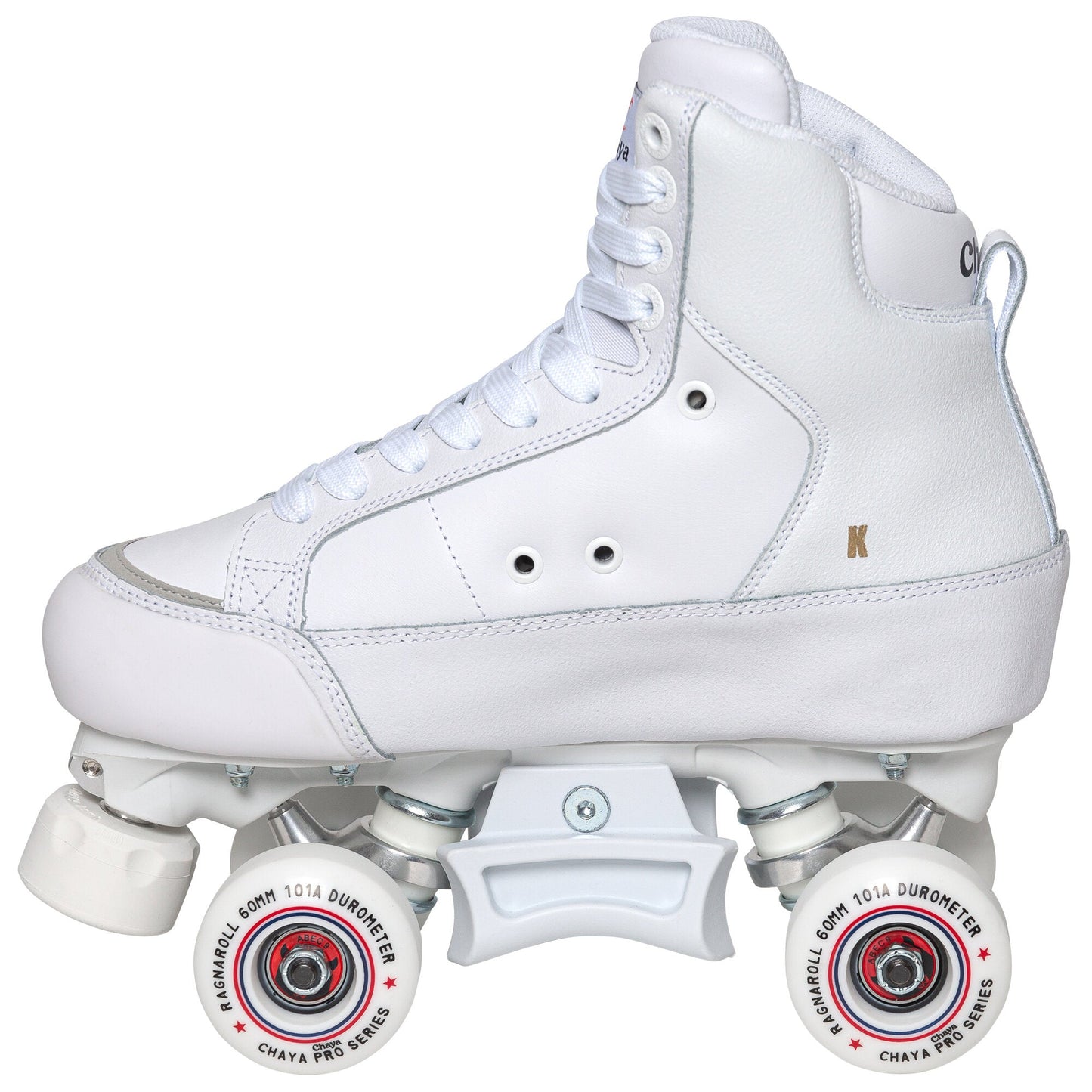 Side profile of a Chaya Ragnaroll skate, emphasizing its high-top construction and wheel setup.